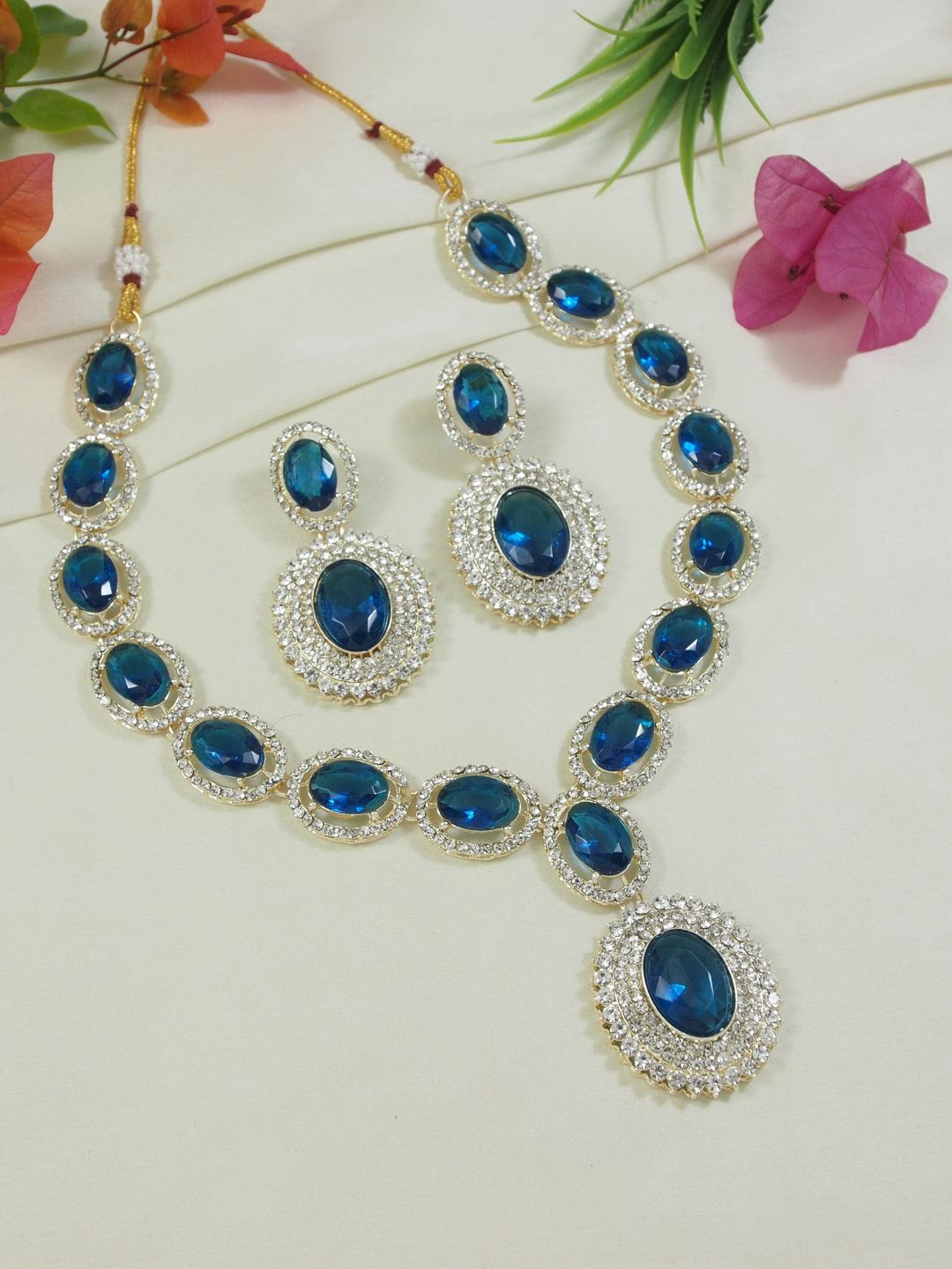 

I Jewels Gold Plated Oval Shaped Stone Studded Jewellery Set