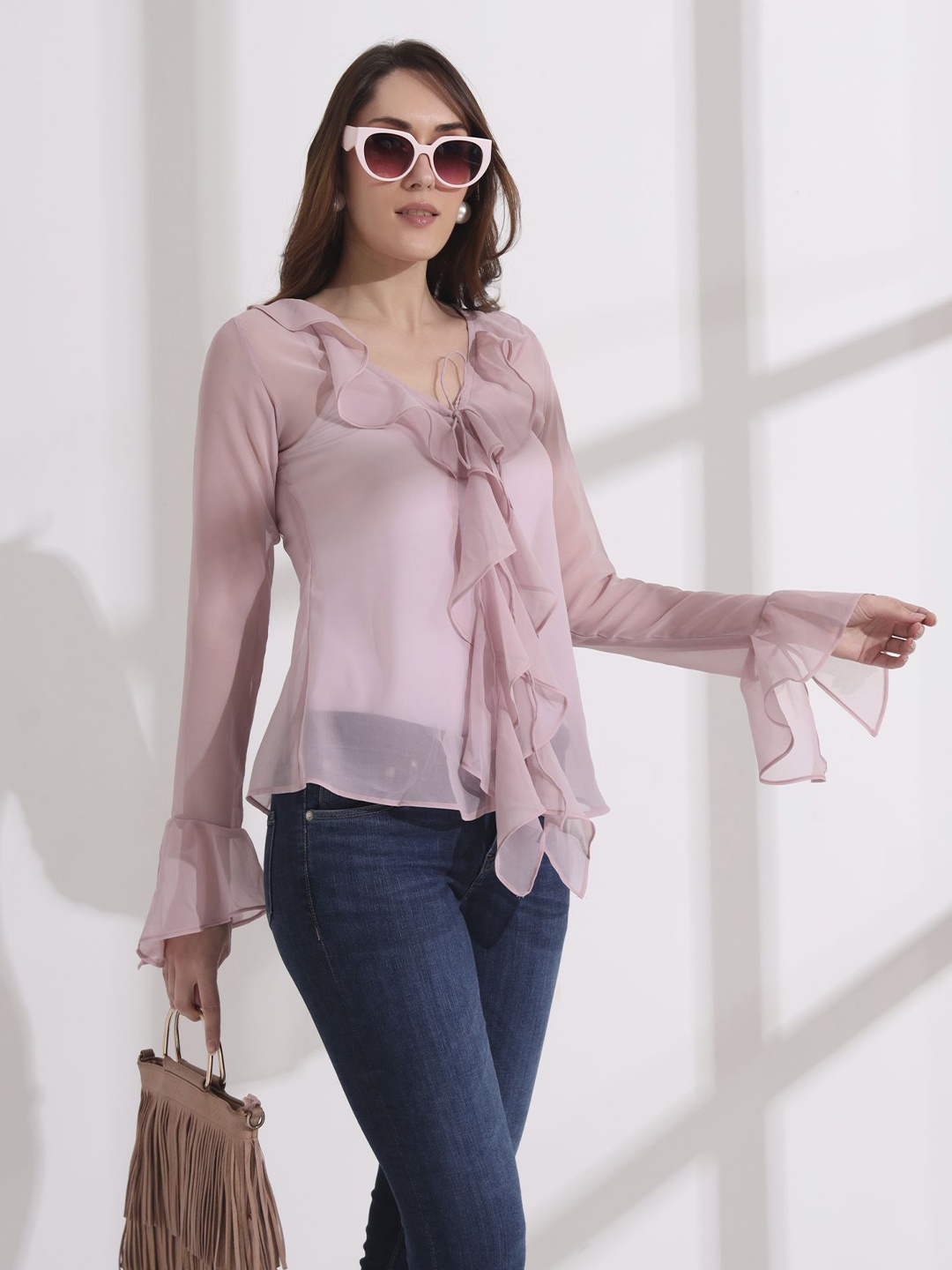 

Salvia Sky Tie-Up Neck Bell Sleeve Georgette Top, Pink