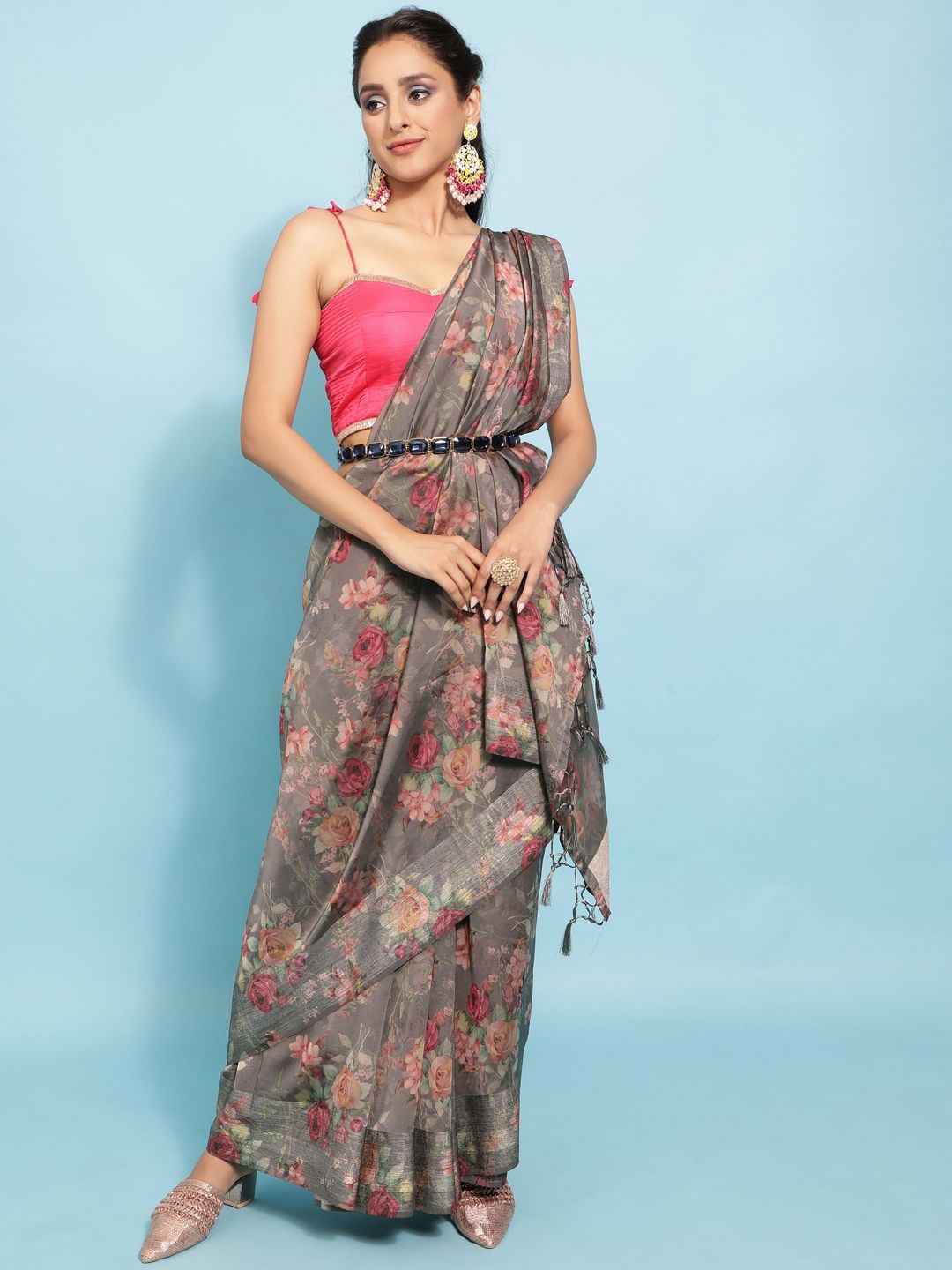 

Suha Floral Zari Poly Georgette Saree, Grey