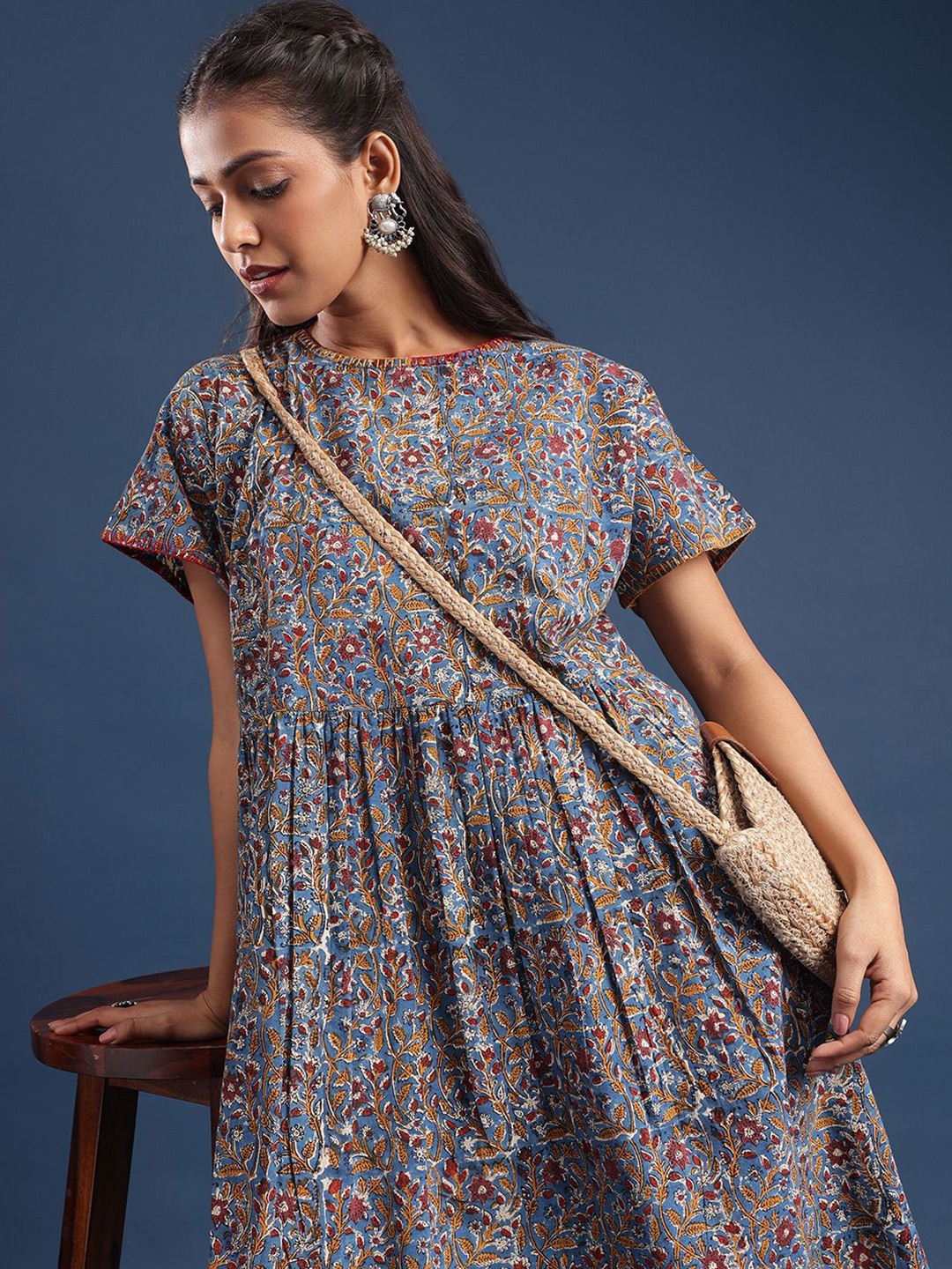 

Taavi Bagru Printed Pure Cotton Round Neck Dress, Blue