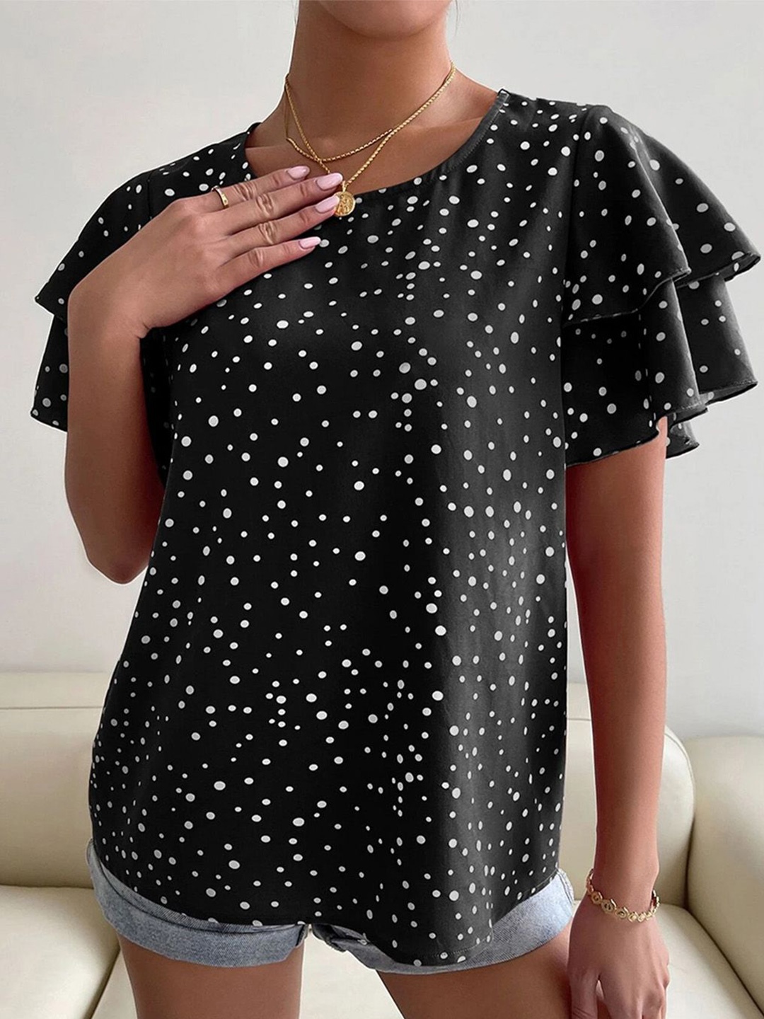 

JC Mode Polka Dot Print Tie-Up Neck Flutter Sleeve Top, Black