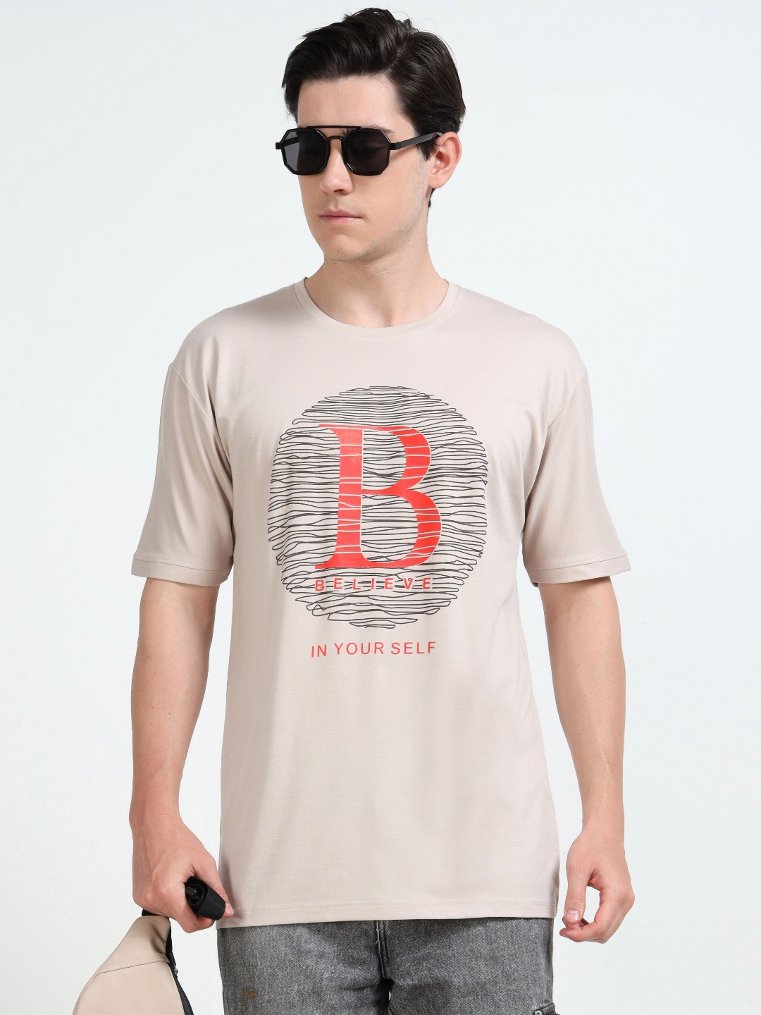 

QUCO Poly Stretch Round Neck Printed Half Sleeve T-Shirt, Beige