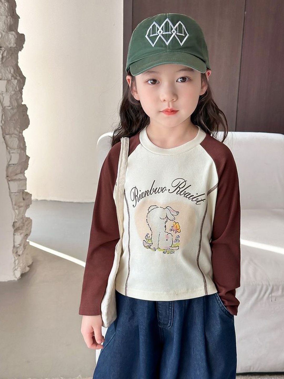 

LULU & SKY Girls Typography Drop-Shoulder Sleeves T-shirt, Brown