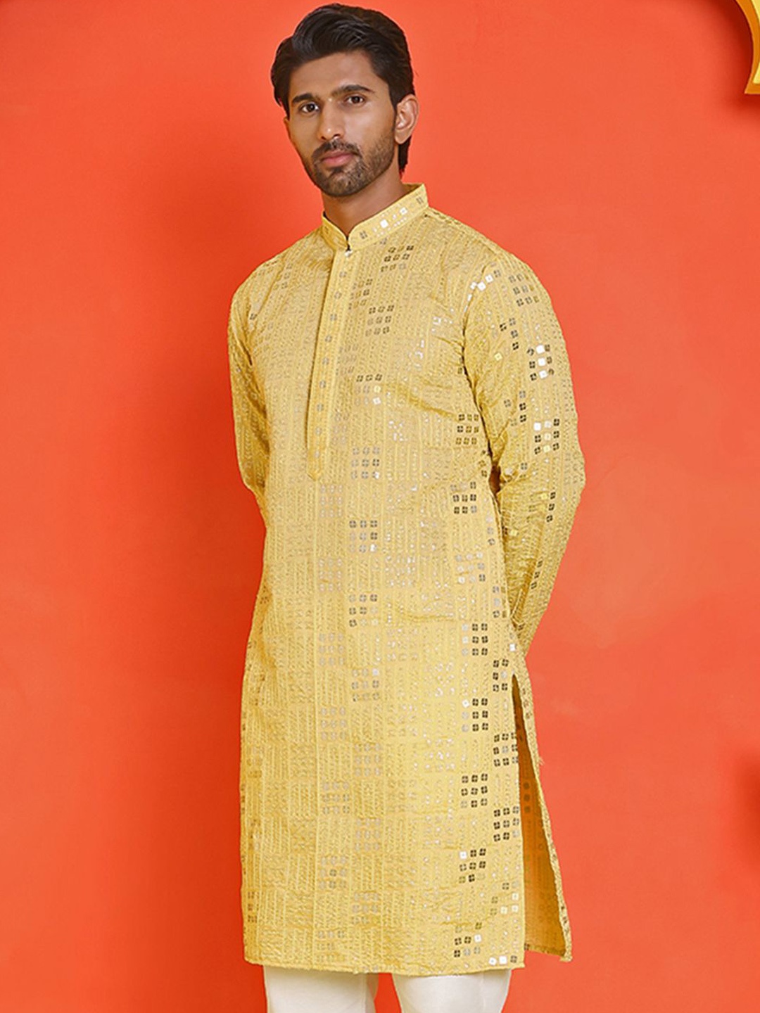 

Jompers Men Geometric Embroidered Sequinned Kurta, Yellow