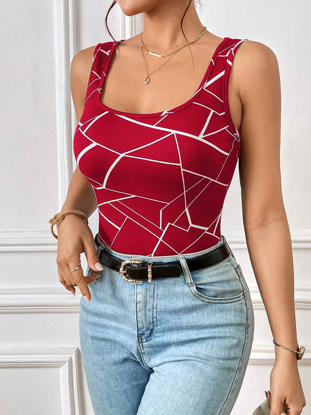 

JC Mode Geometric Print Tank Top, Red