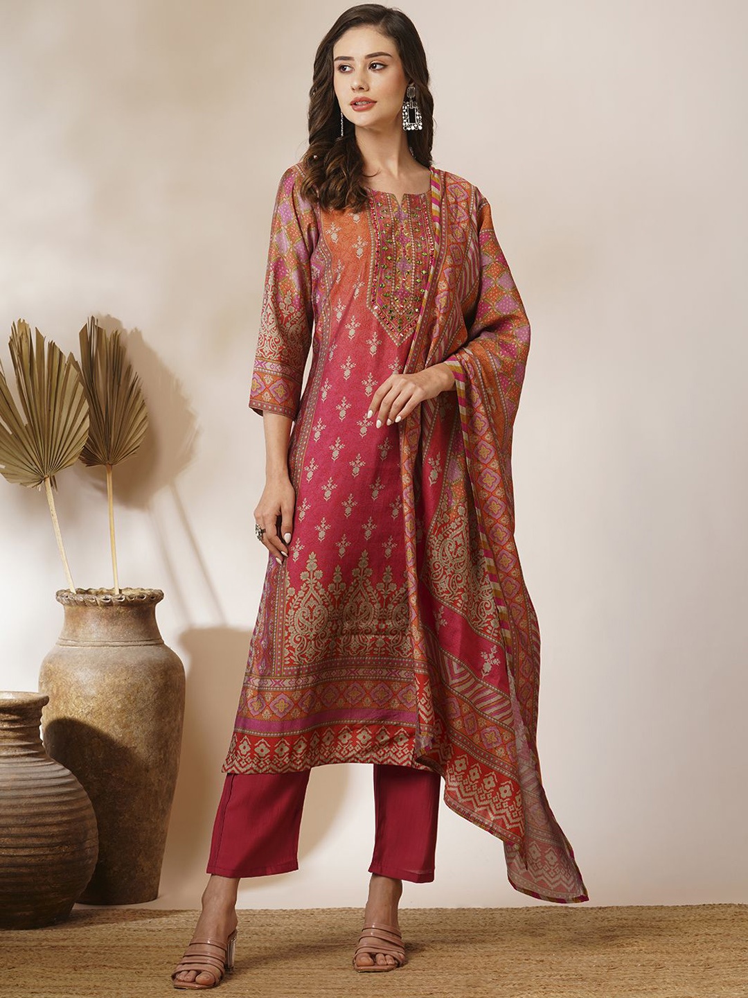 

FASHOR Women Ethnic Motifs Printed Regular Mirror Work Kurta with Trousers & With Dupatta, Pink