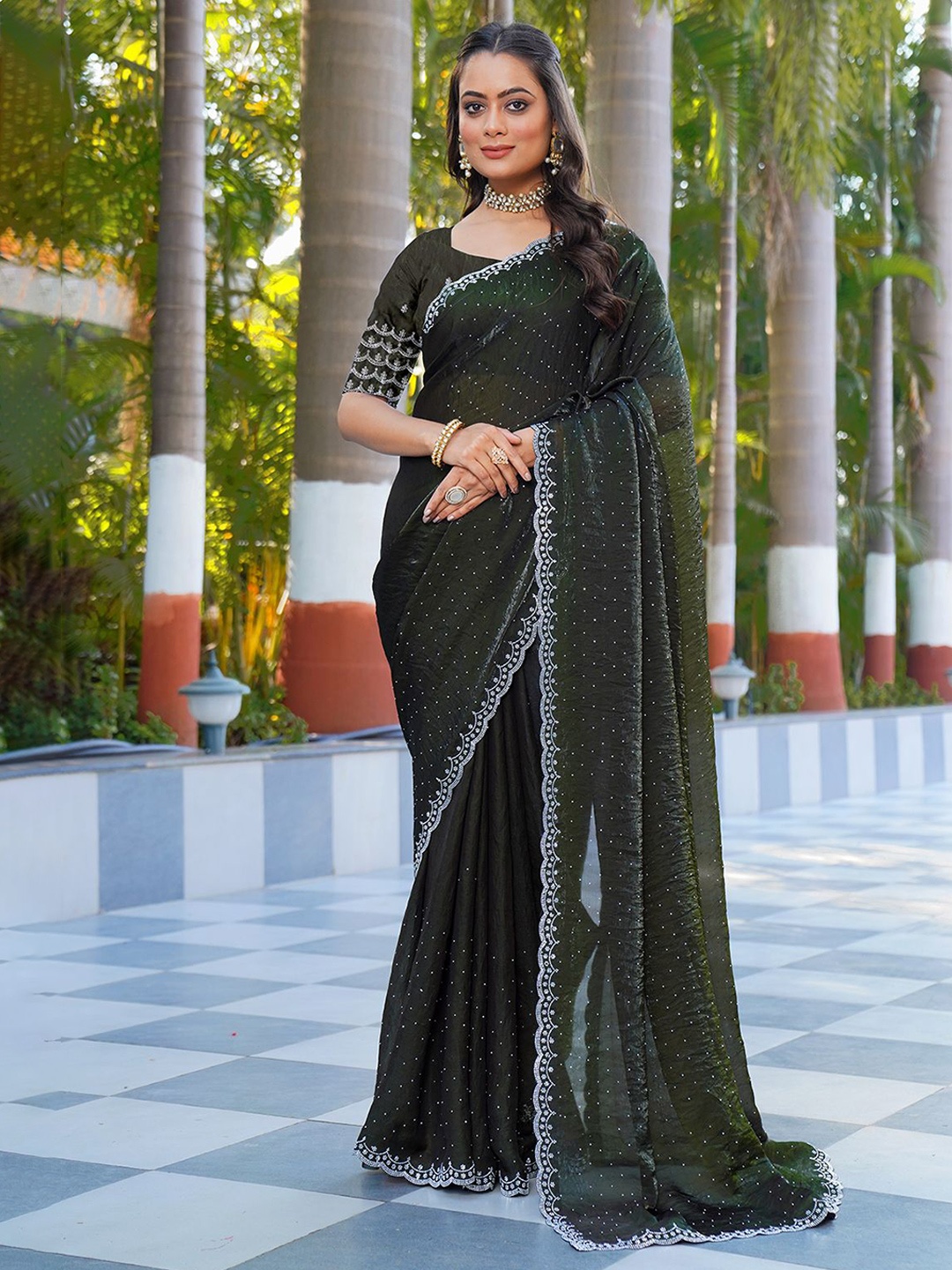 

NIRMAL CREATION Embellished Beads and Stones Satin Saree, Green
