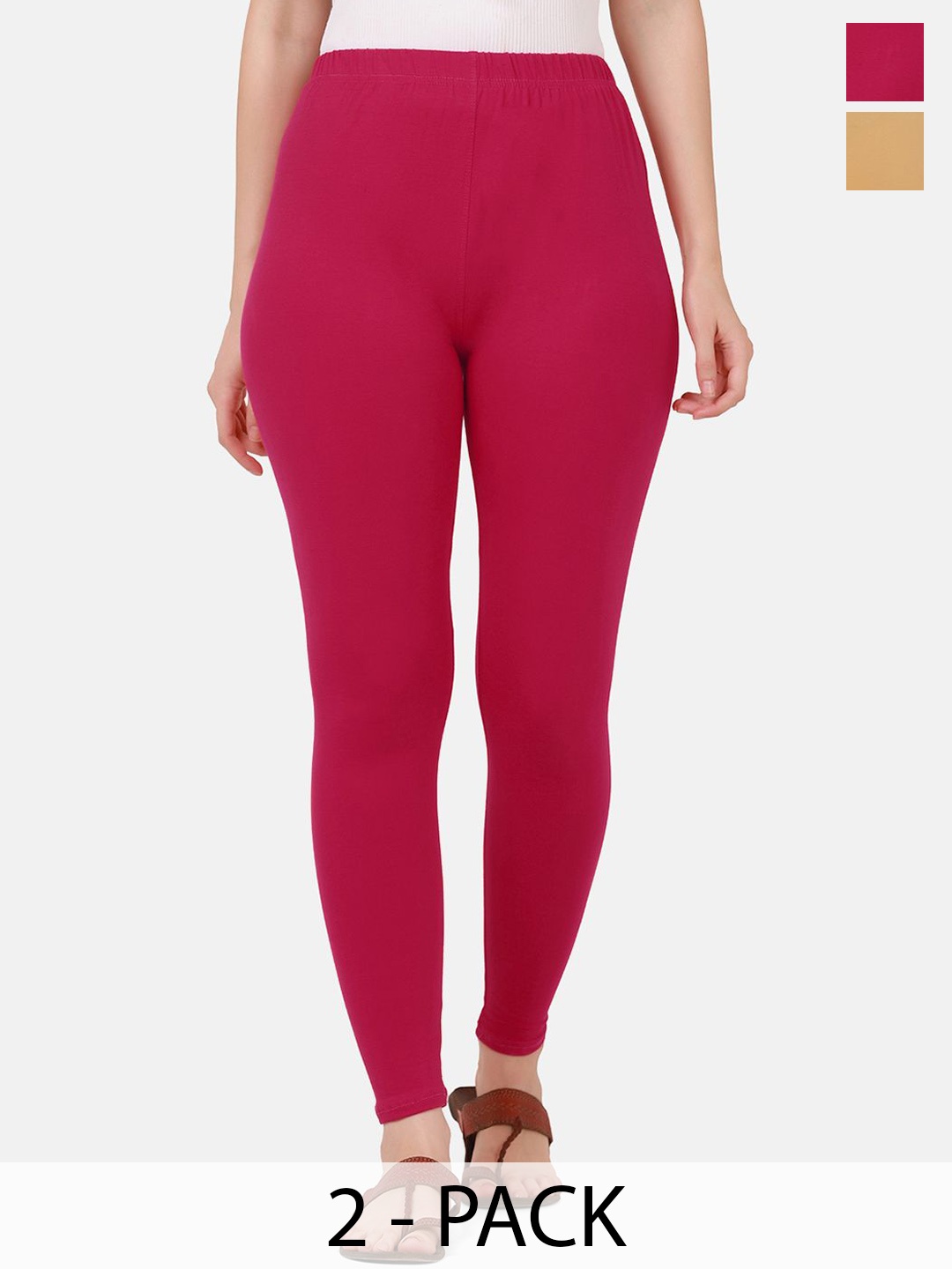 

DIMPY GARMENTS Pack Of 2 Pure Cotton Slim Fit Mid Rise Ankle Length Leggings, Pink