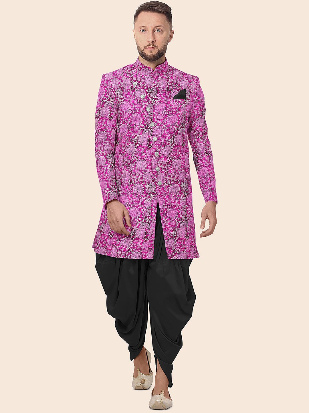 

Utsav Fashion Block Printed Art Silk Sherwani Set, Magenta