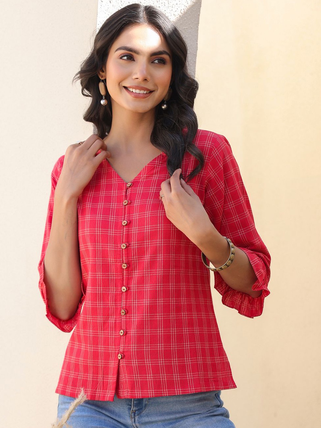 

Janasya Women's Red Pure Cotton Checkered Regular Top
