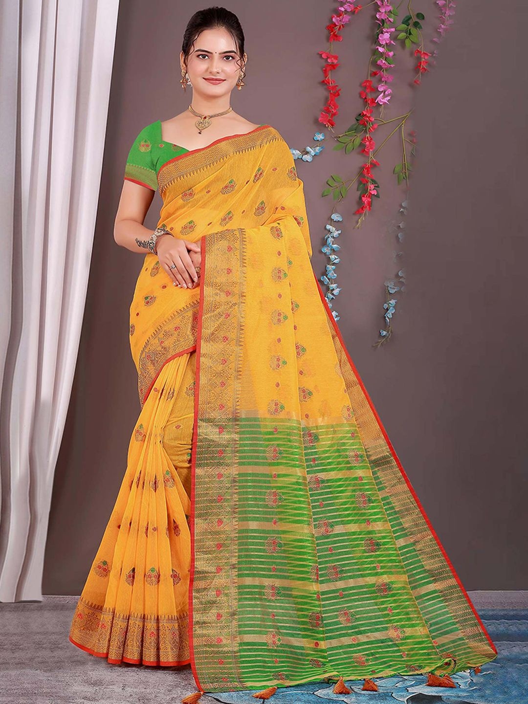 

Peachmode Woven Design Zari Silk Cotton Saree, Yellow