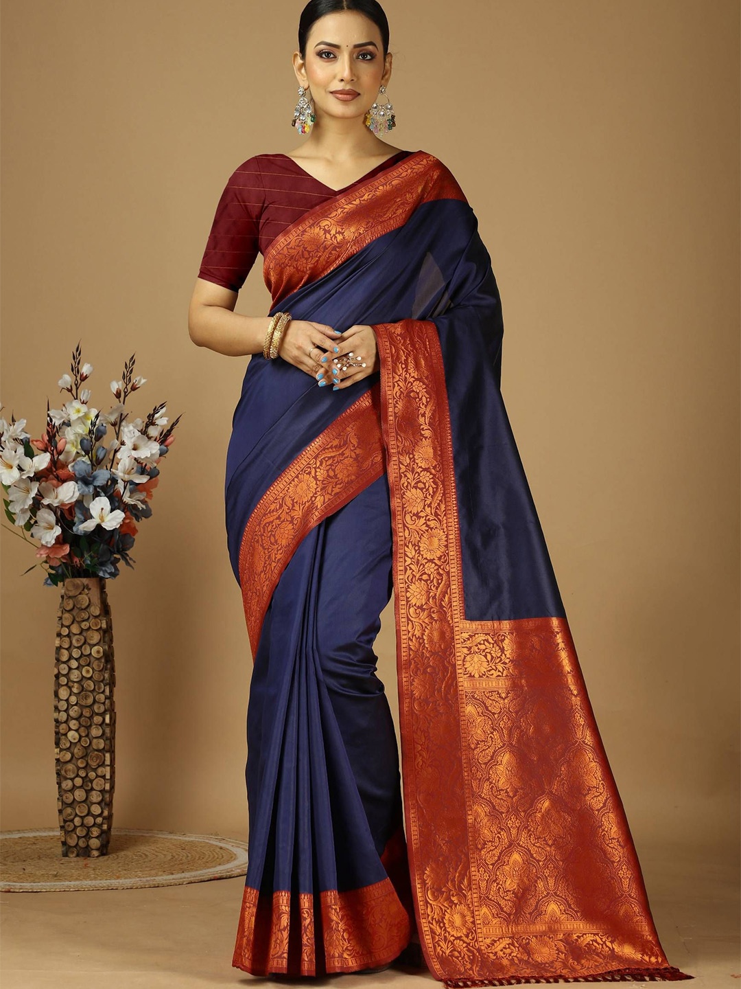 

HERE&NOW Zari Art Silk Banarasi Saree, Blue