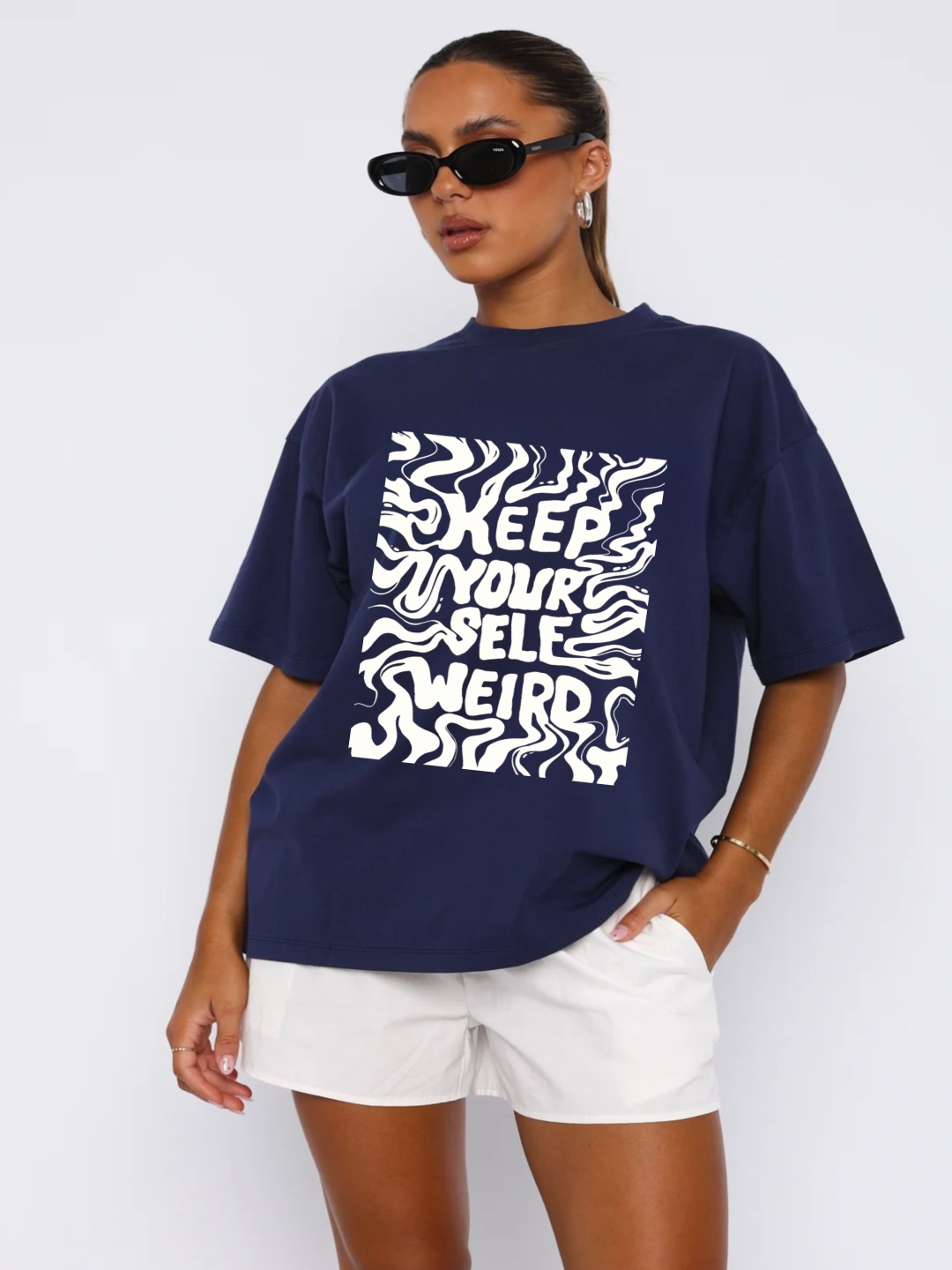 

RAYACLOSET Women Printed Raw Edge T-shirt, Navy blue