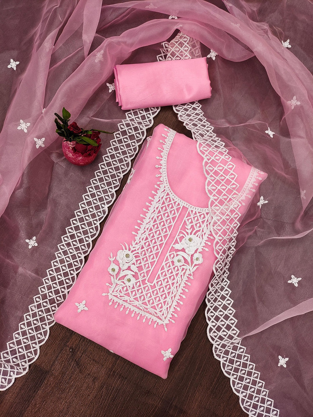 

SAINOOR Embroidered Organza Semi-Stitched Dress Material, Pink