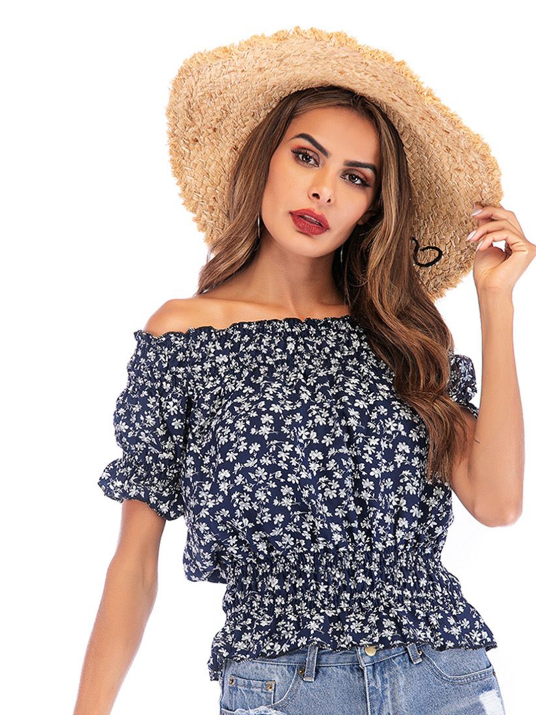 

JC Mode Floral Print Off-Shoulder Flutter Sleeve Bardot Top, Blue