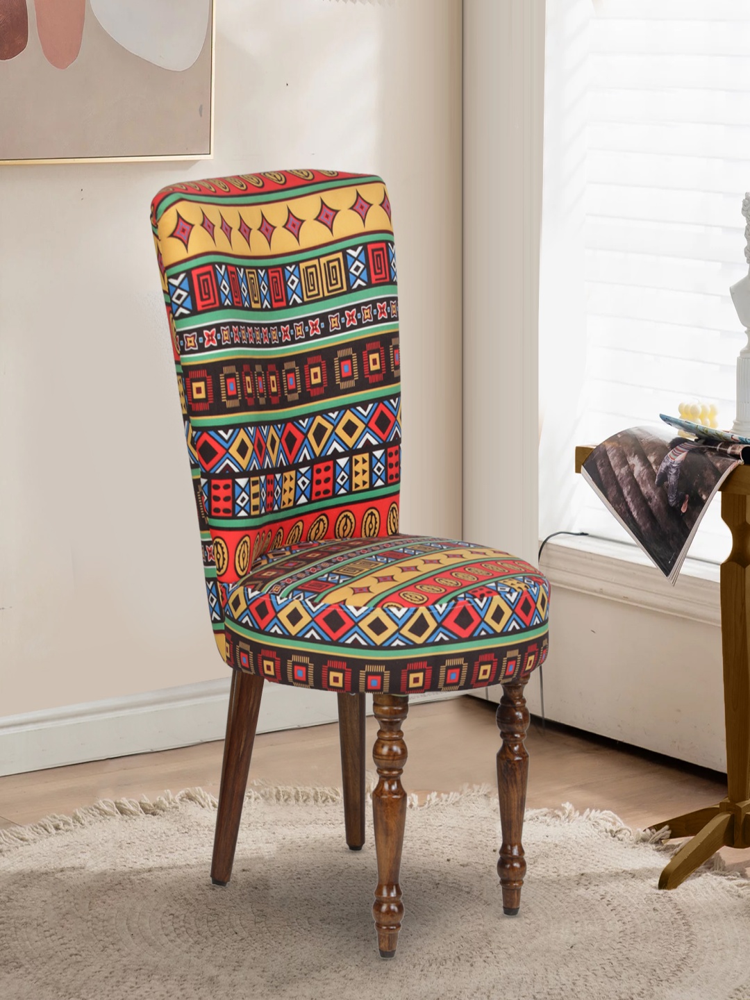 

GLOBALLY INDIAN Yellow And Red Vintage Style Short Heighted Accent Chair