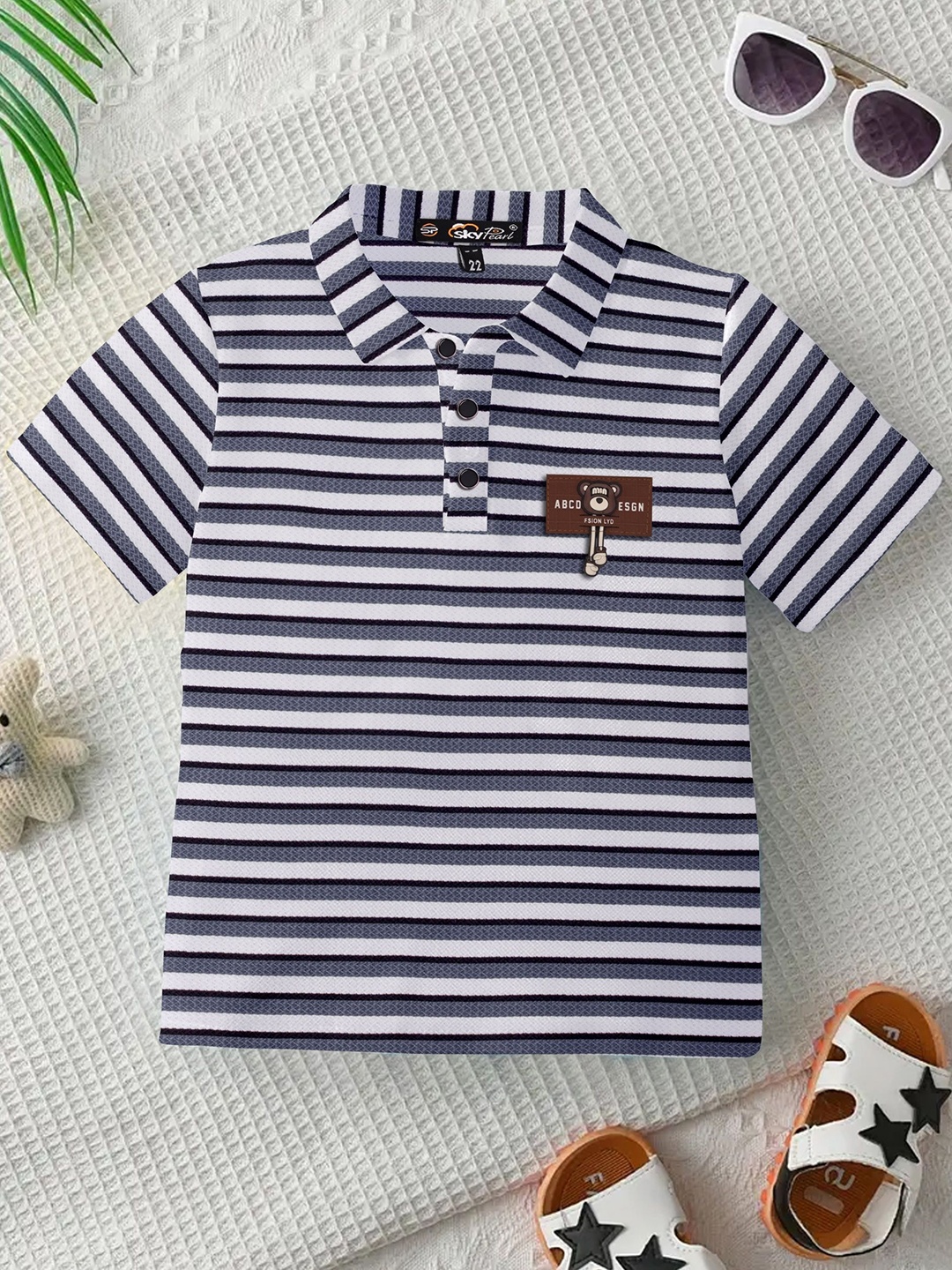 

SKY PEARL Boys Striped Polo Collar Pockets T-shirt, Grey