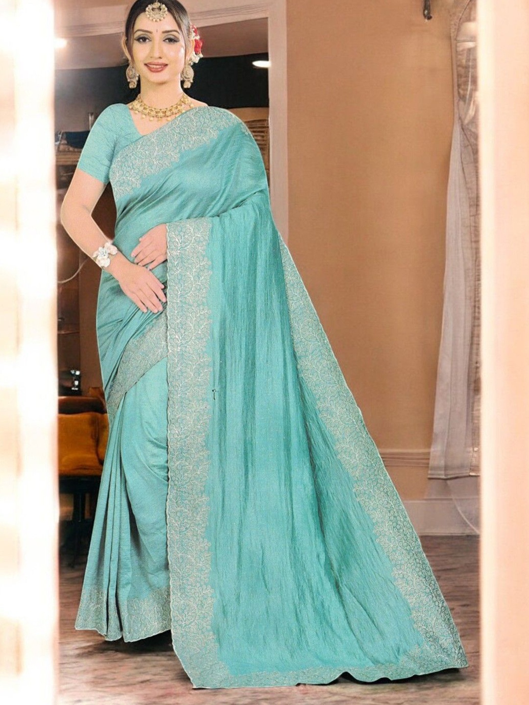 

SHOPPKEE Embellished Embroidered Poly Georgette Maheshwari Saree, Blue