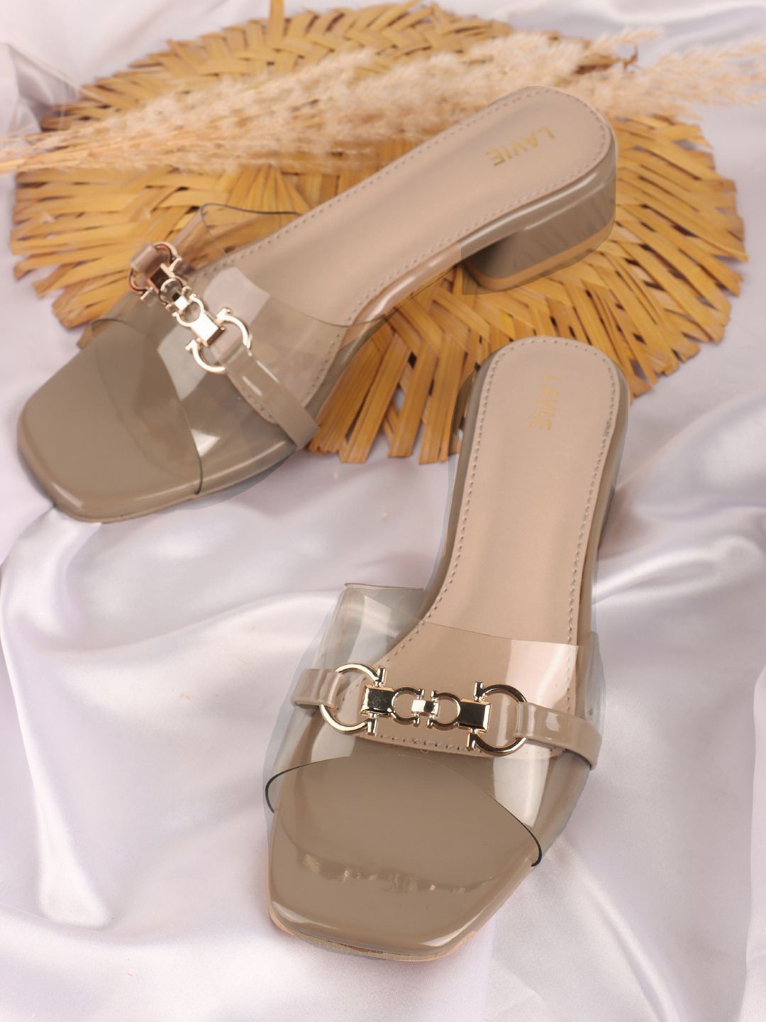 

Lavie Embellished PU Block Sandals, Beige