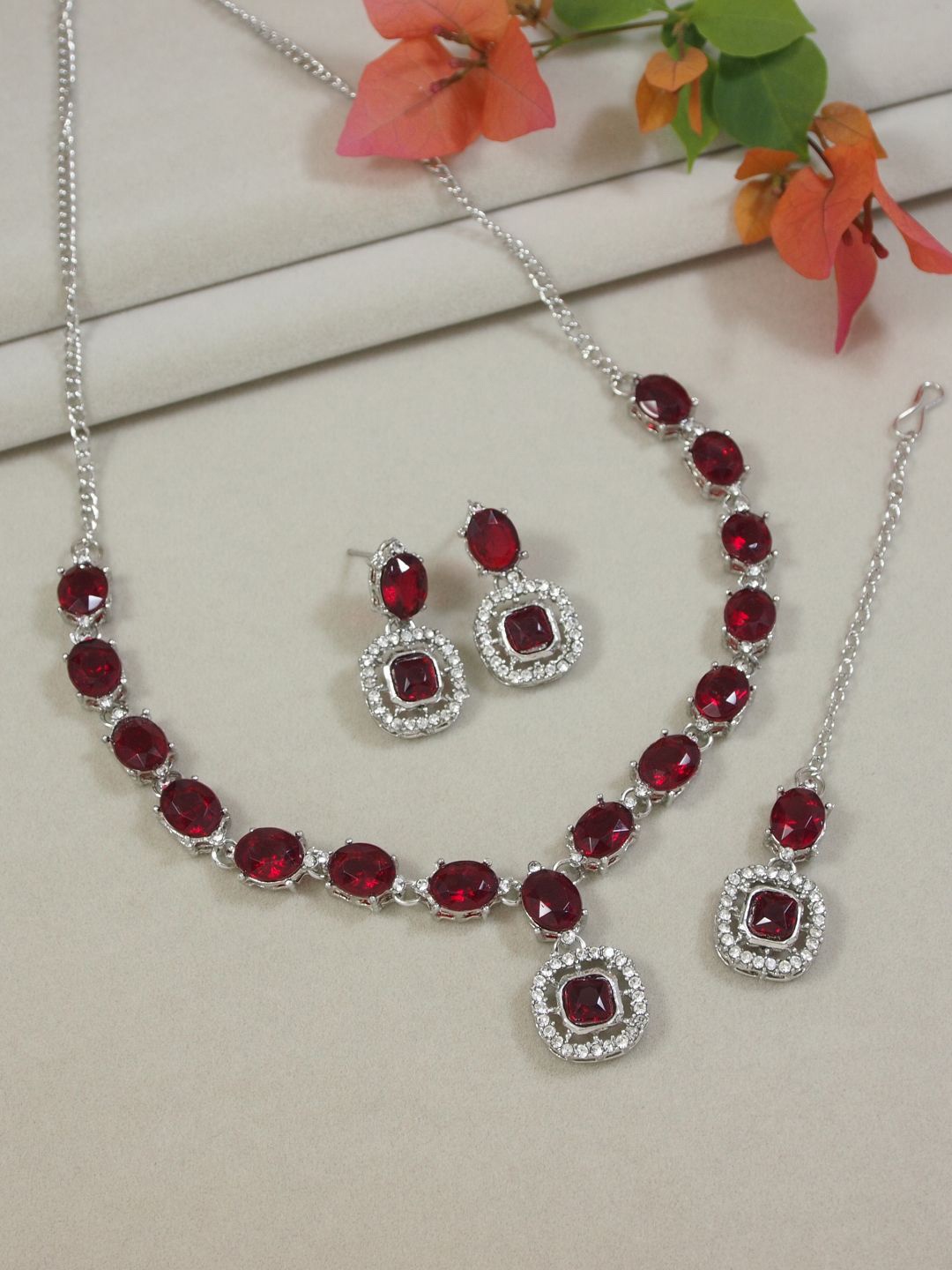 

I Jewels Silver-Plated Stone Studded Jewellery Set