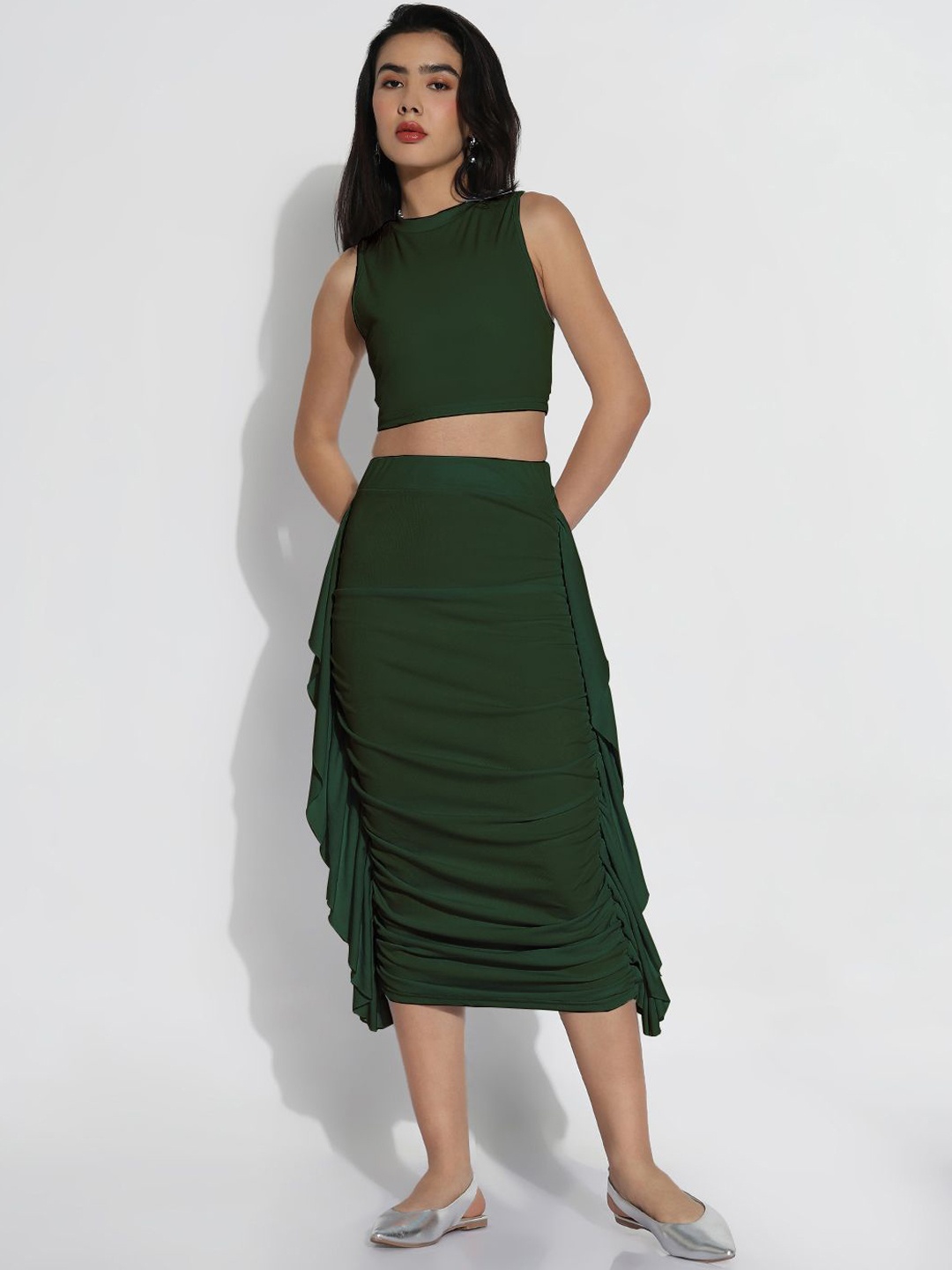 

SHOWOFF Round Neck Top With Skirts Co-Ords, Green
