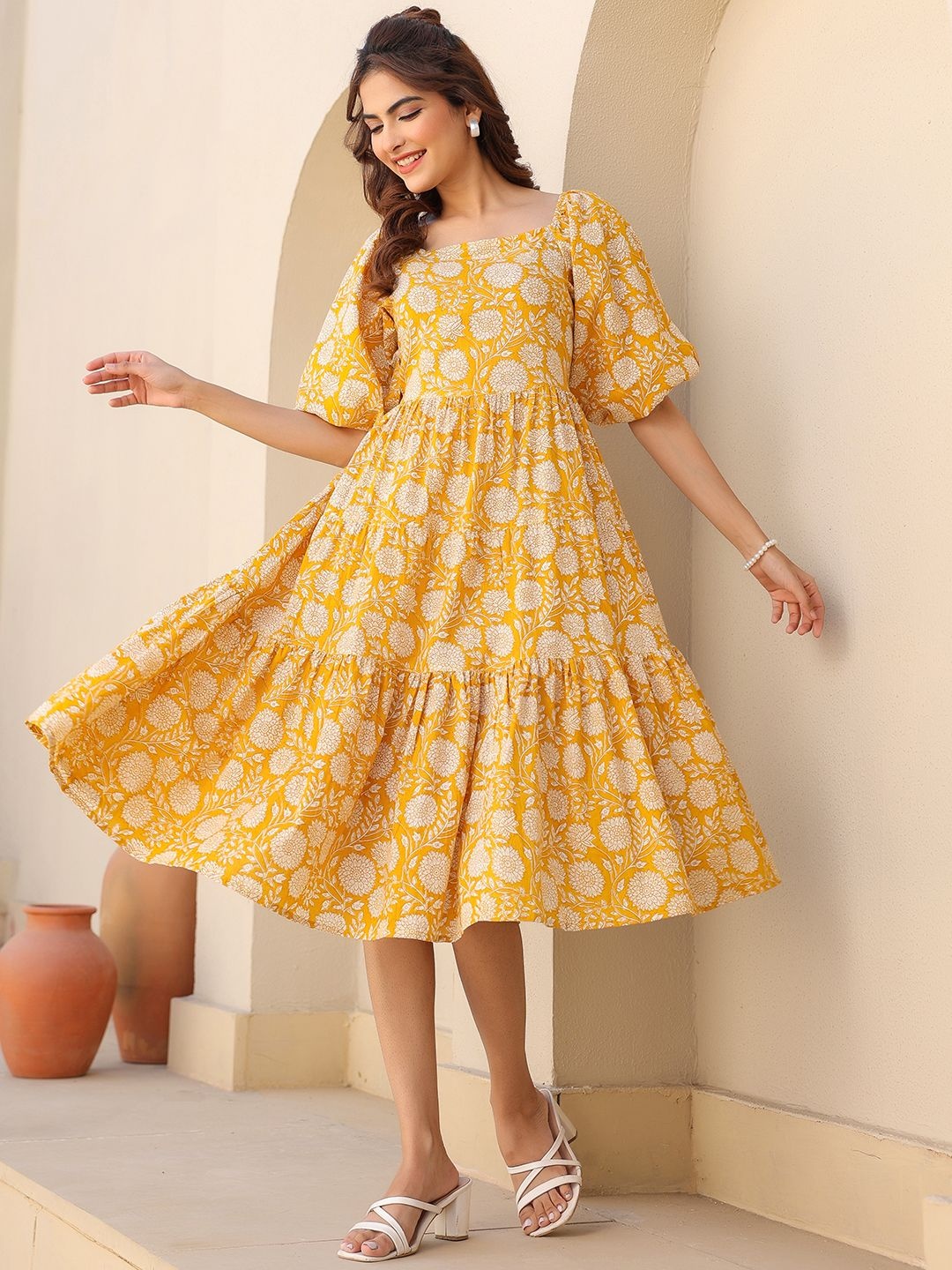 

Janasya Women Yellow Pure Cotton Floral Printed Tiered Dress