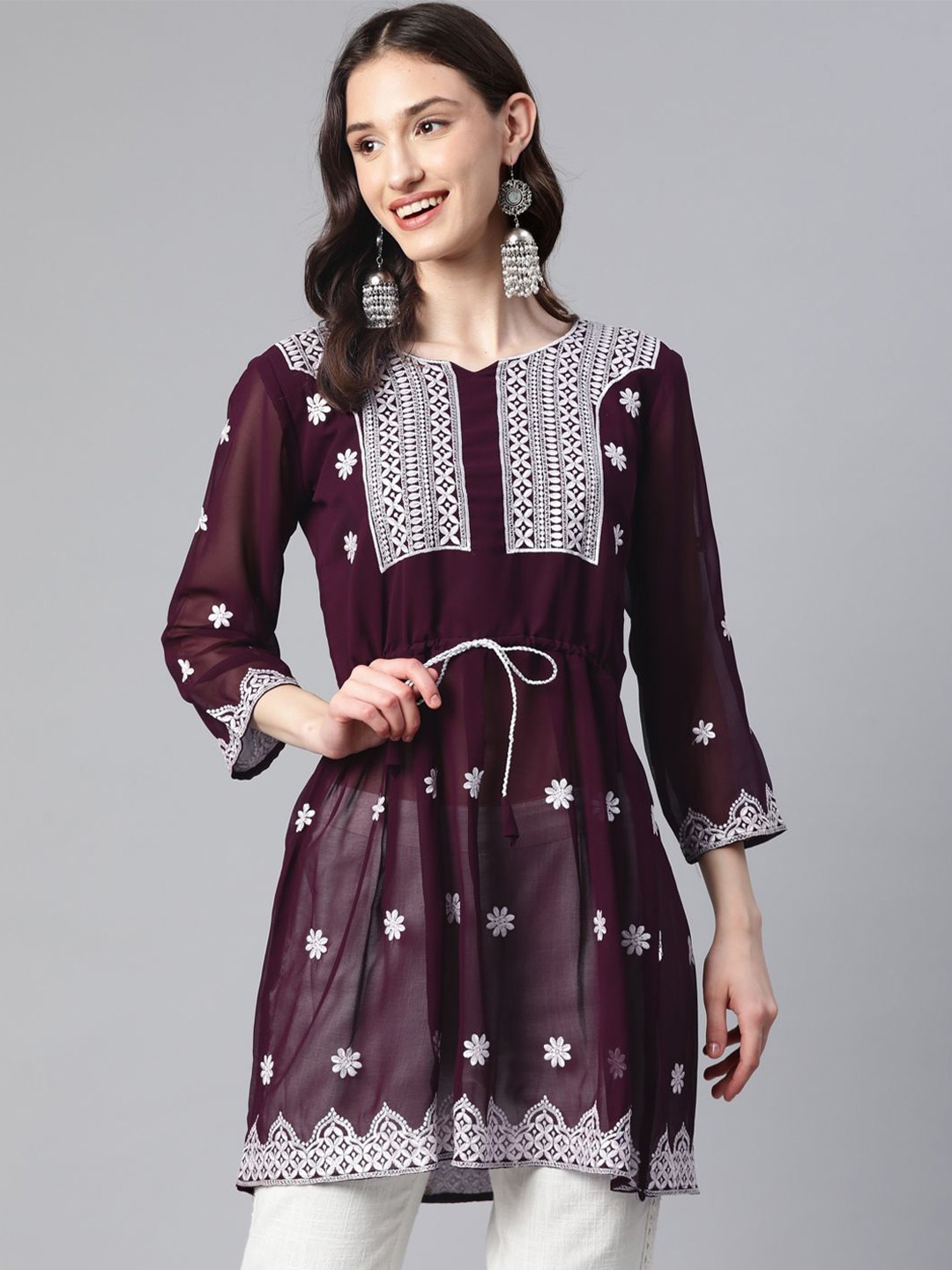

Moda Rapido Geometric Embroidered Chikankari Pure Georgette Chikankari Kurti, Purple