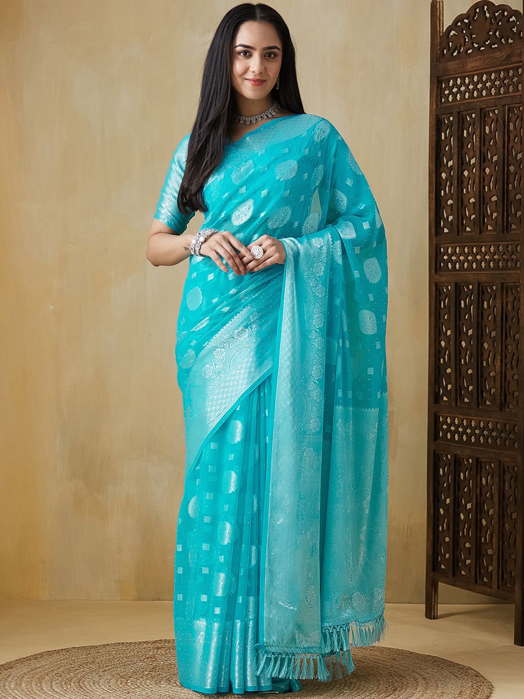 

Mitera Woven Design Zari Pure Georgette Banarasi Saree, Blue