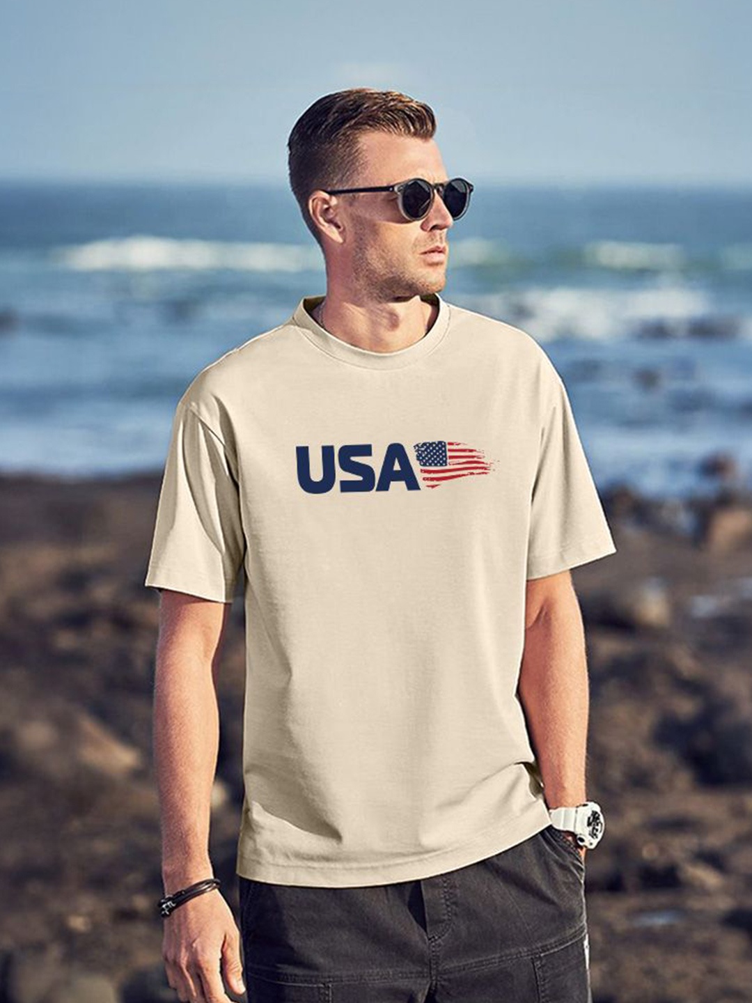 

VEIRDO Men Typography Printed Pure Cotton T-shirt, Beige