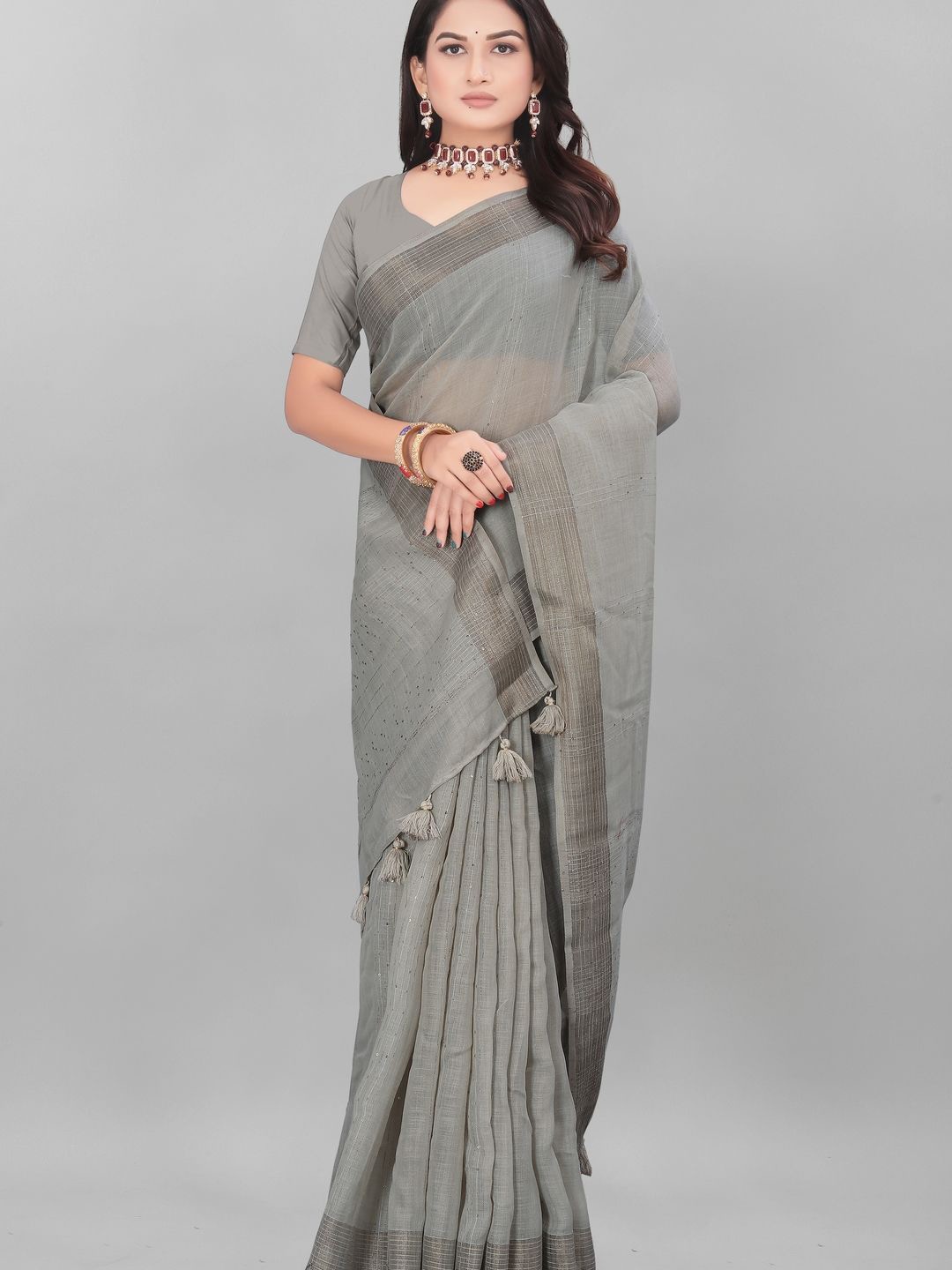 

Suha Woven Design Zari Linen Blend Saree, Grey