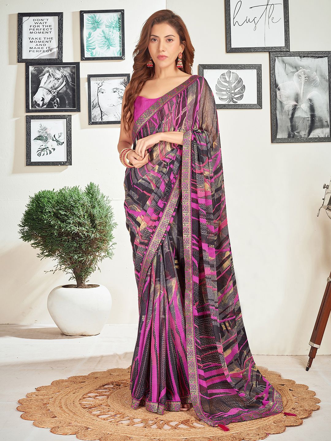 

KALINI Striped Pure Chiffon Saree, Grey