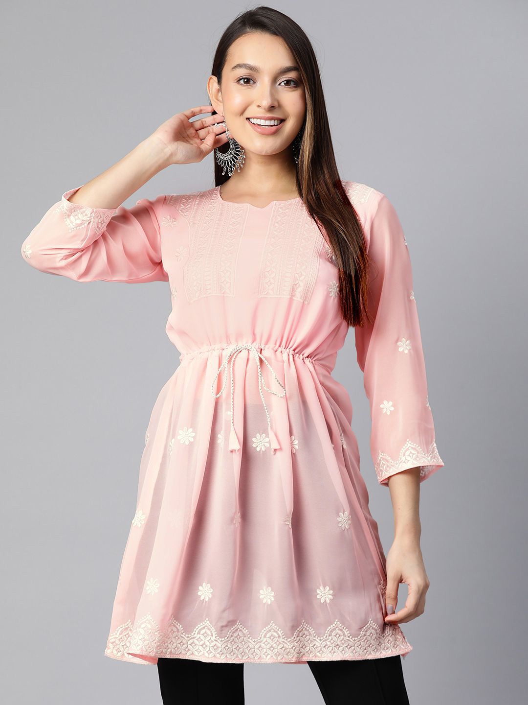 

Moda Rapido Geometric Embroidered Chikankari Pure Georgette Chikankari Kurti, Pink