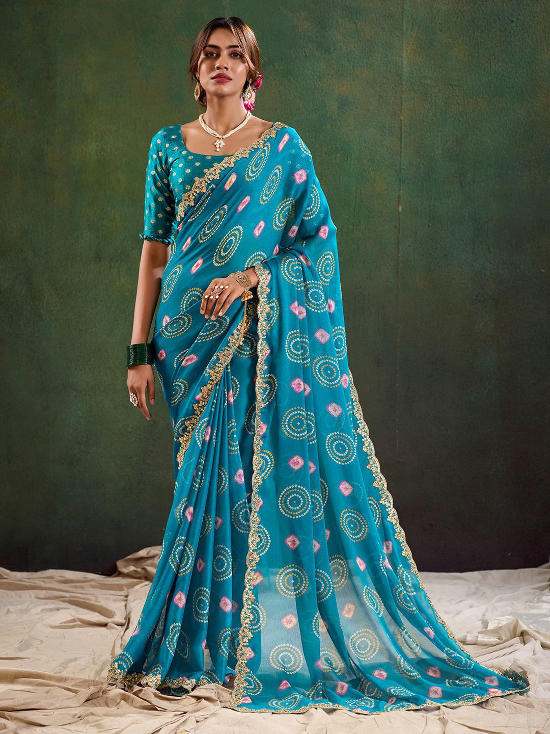 

LeeliPeeri Designer Bandhani Embroidered Poly Chiffon Saree, Blue