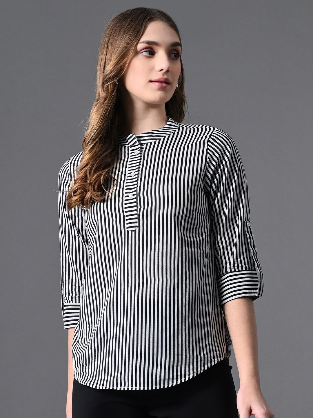 

CORSICA Striped Mandarin Collar Roll-Up Sleeves Cotton Top, Black