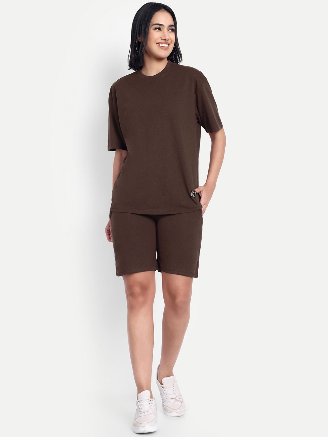 

HEATHEX Pure Cotton Oversized Short Sleeves T-Shirt & Shorts Co-Ord Set, Brown