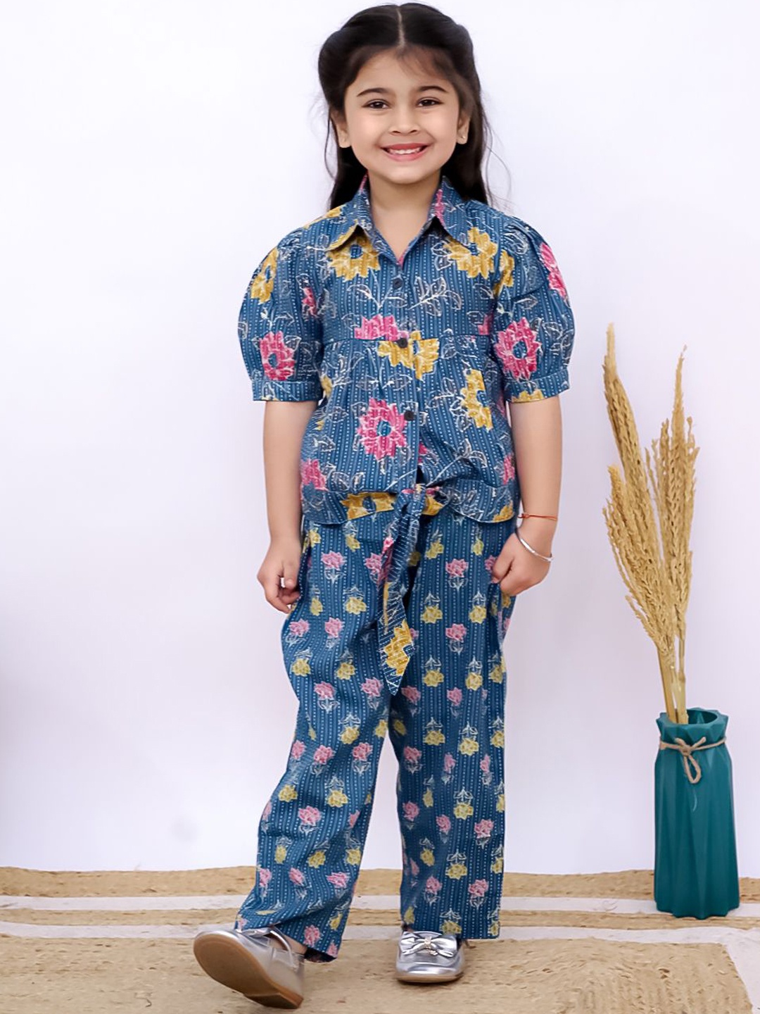 

UNBIND Girls Printed Cotton Shirt with Trousers Clothing Set, Blue