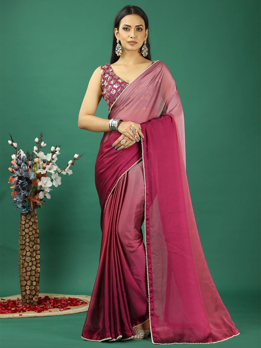 

HERE&NOW Ombre Beads and Stones Satin Banarasi Saree, Pink