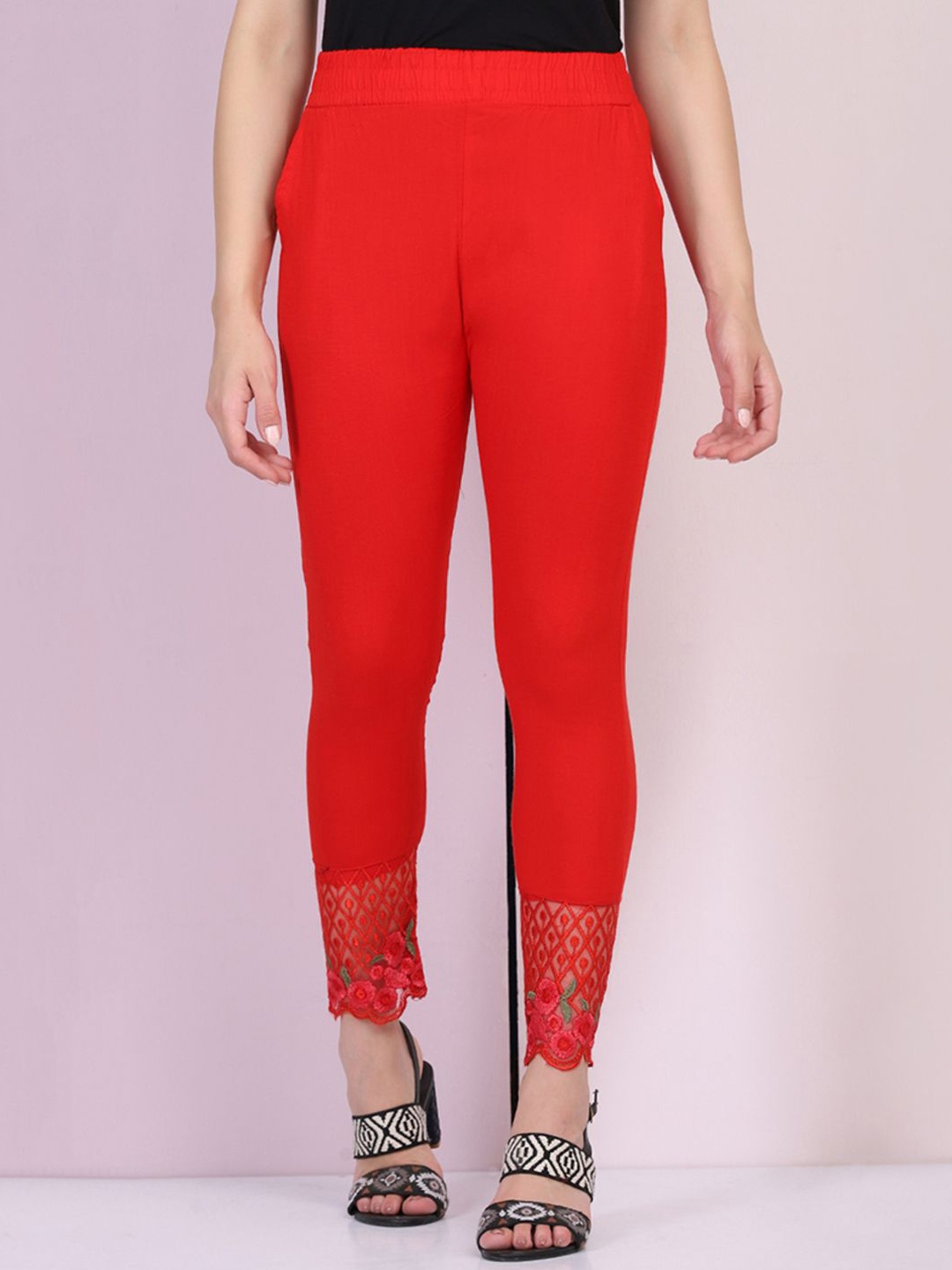 

DIMPY GARMENTS Pure Cotton Skinny Fit Mid Rise Ankle Length Leggings, Red