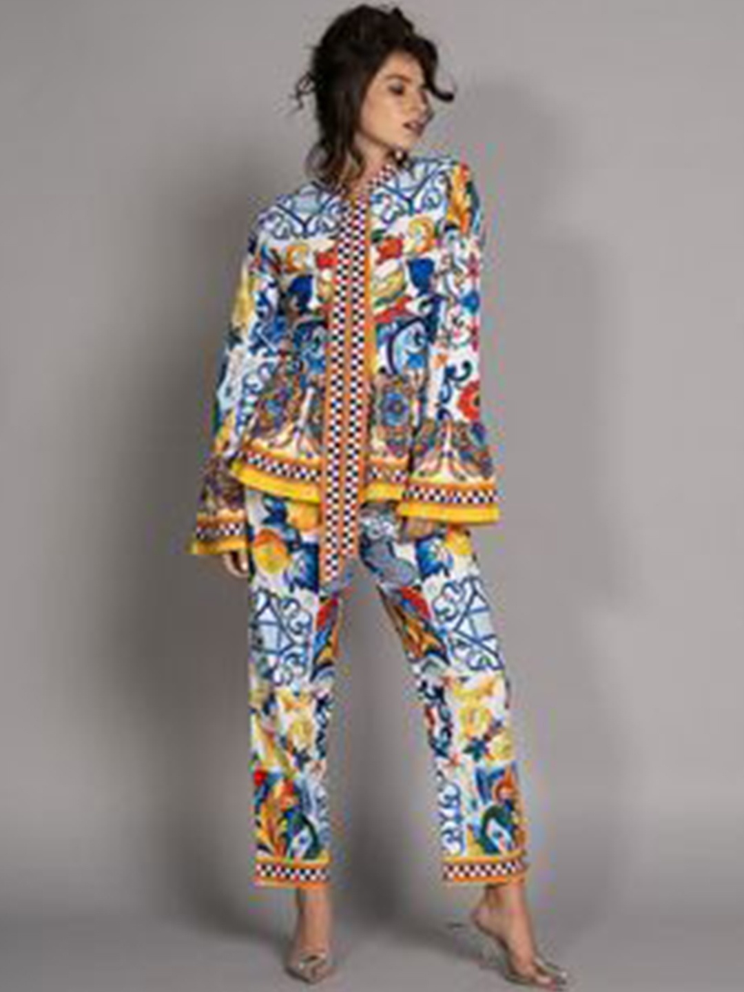 

Pankh Avy Printed Pure Cotton Blouse Top With Trousers Co-Ords, Blue