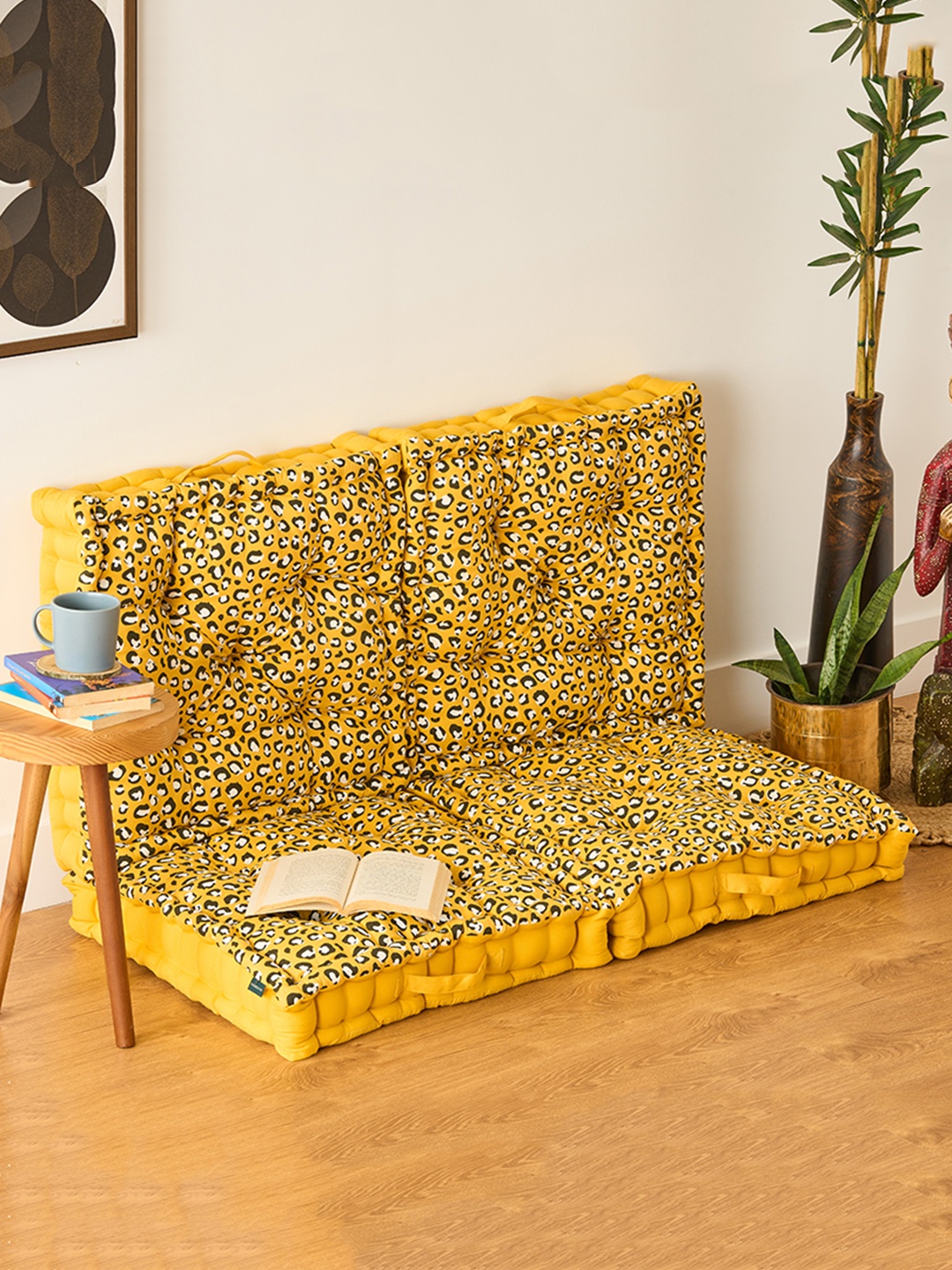 

SKANDA FAB Mustard Yellow & White 4 Pieces Abstract Printed Cotton Square Floor Cushions