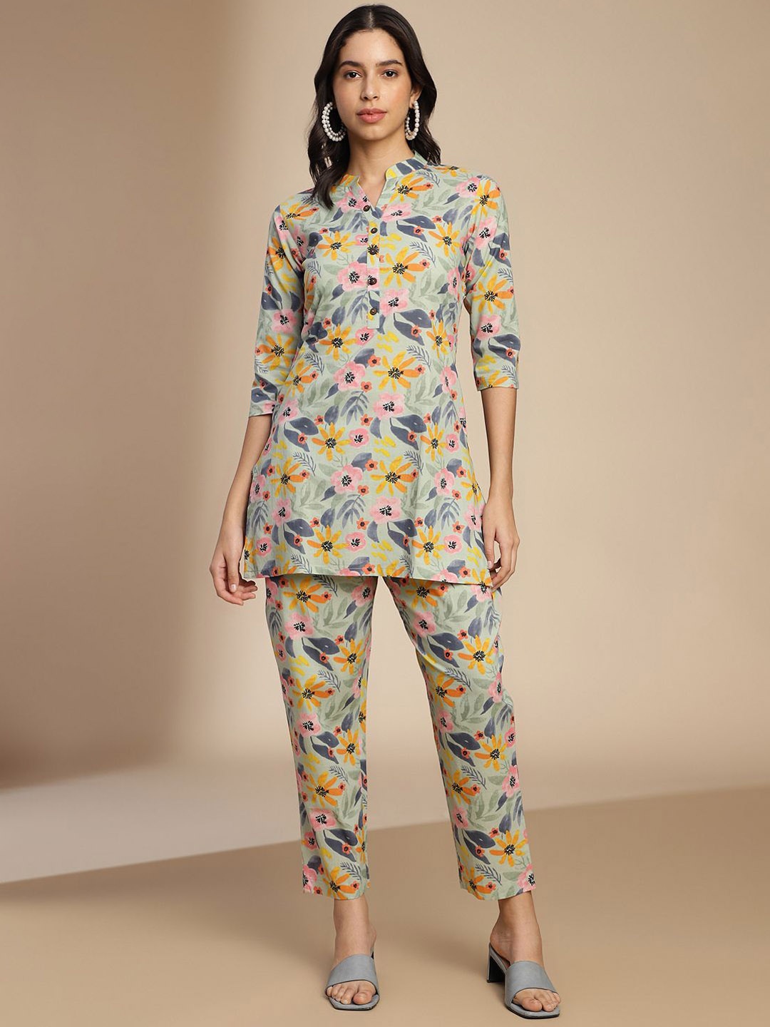 

The Roadster Lifestyle Co Printed Pure Cotton Tunic & Trouser Co-ord, Green