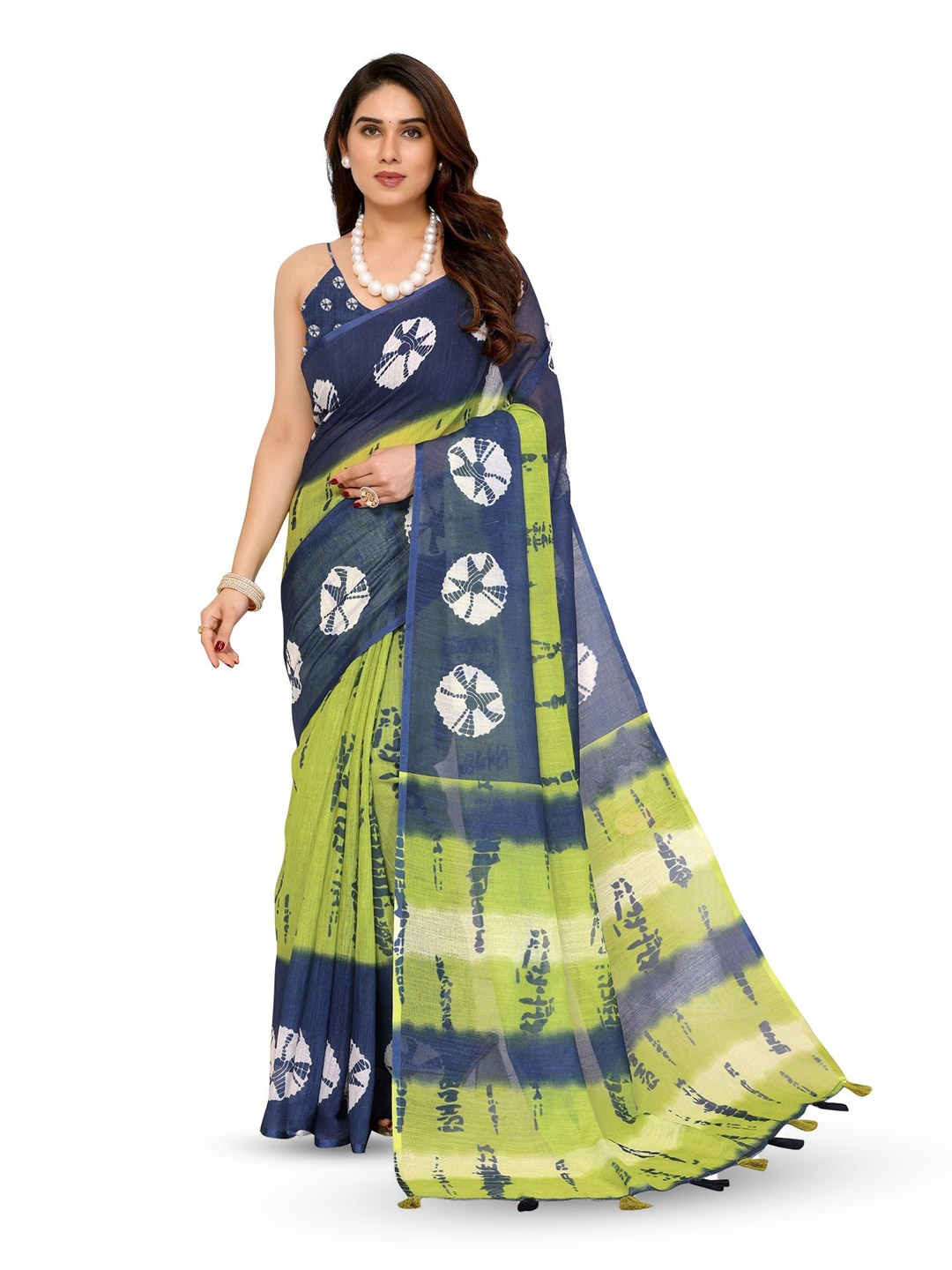 

Moda Rapido Tie and Dye Linen Blend Saree, Green