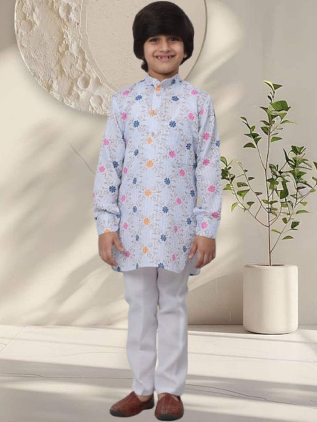 

CENSAL Boys Floral Printed Regular Kurta with Pyjamas, White