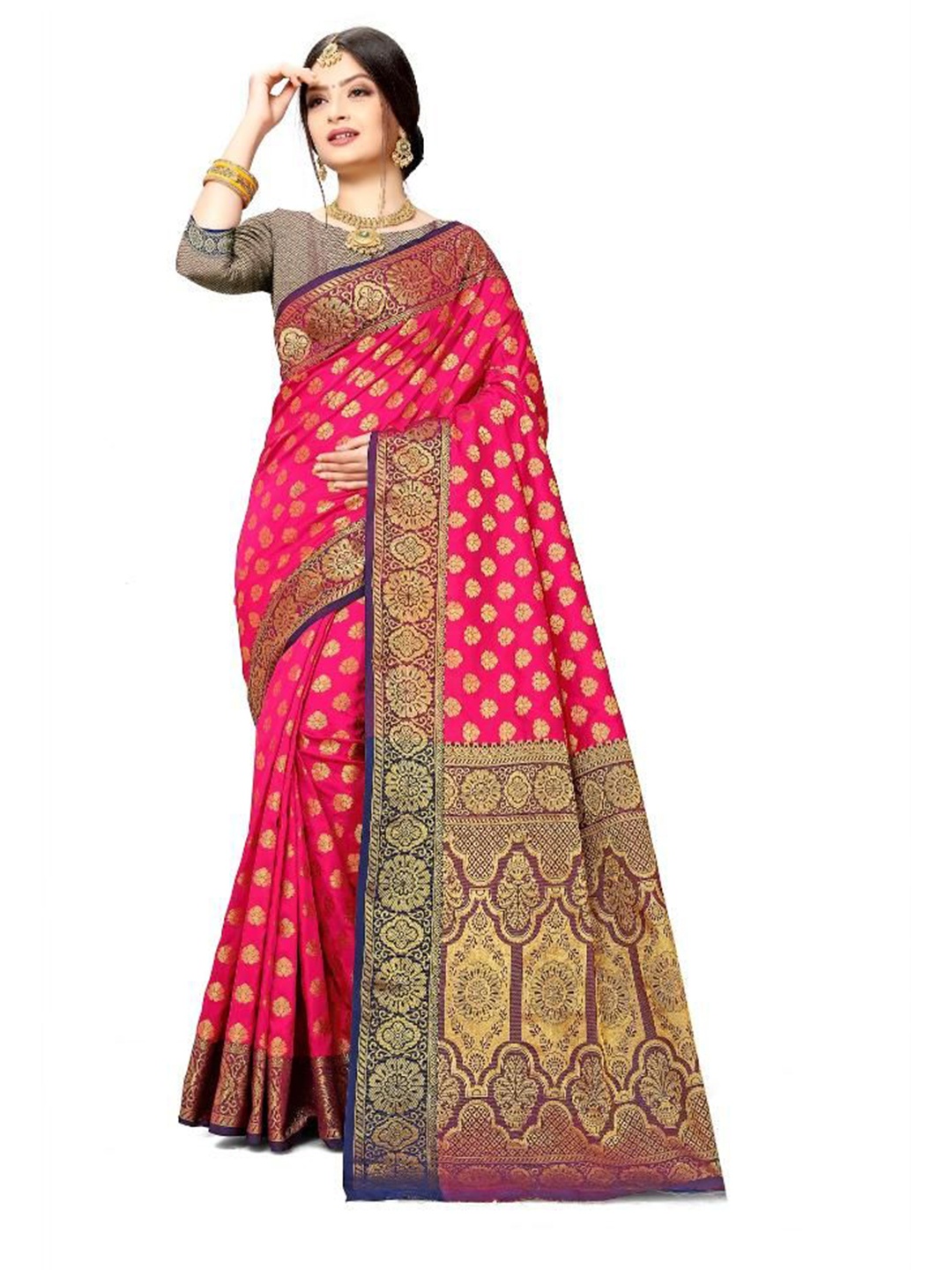

AKSH FASHION Woven Design Zari Silk Blend Banarasi Saree, Pink