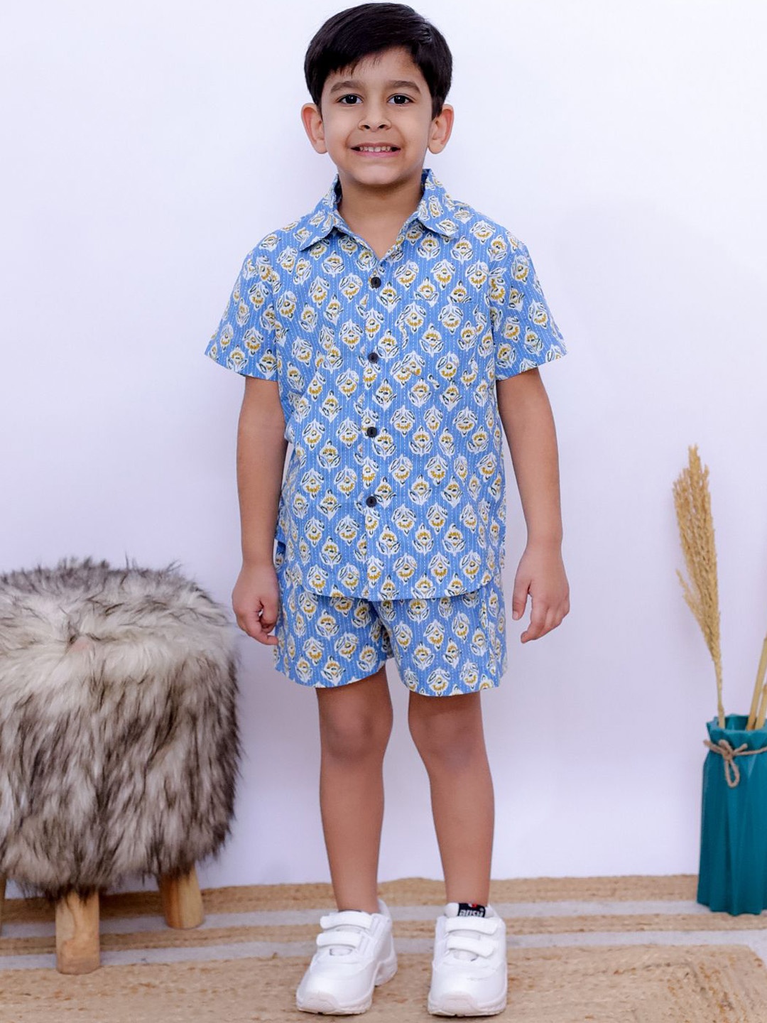 

UNBIND Boys Printed Cotton Shirt with Shorts Clothing Set, Blue