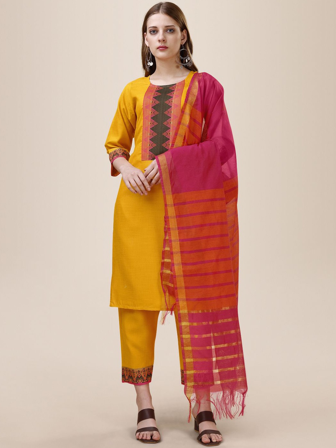 

Moda Rapido Women Yoke Design Regular Kurta with Trousers & With Dupatta, Mustard