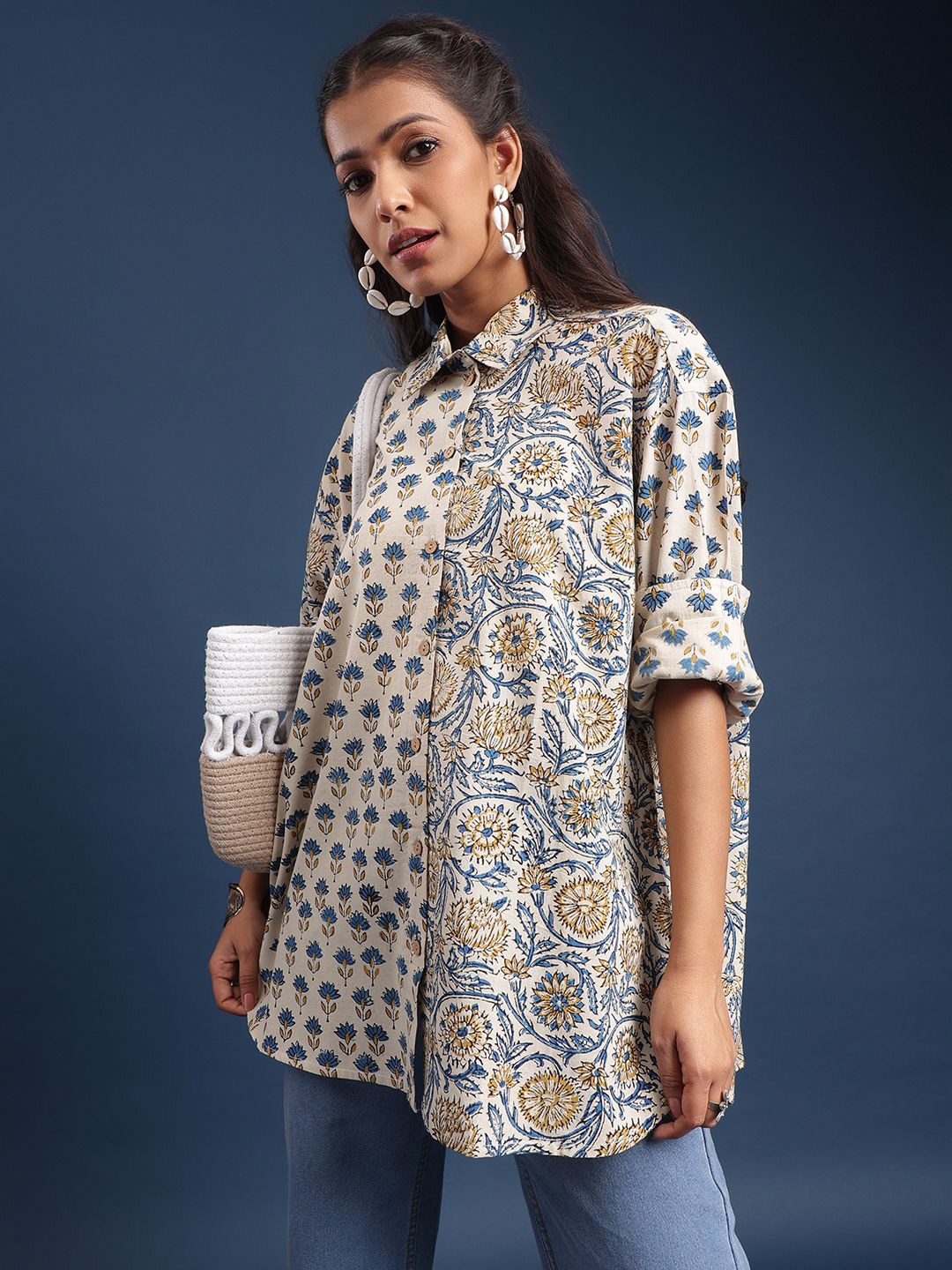

Taavi Printed Cotton Shirt Collar Neck Tunic, White