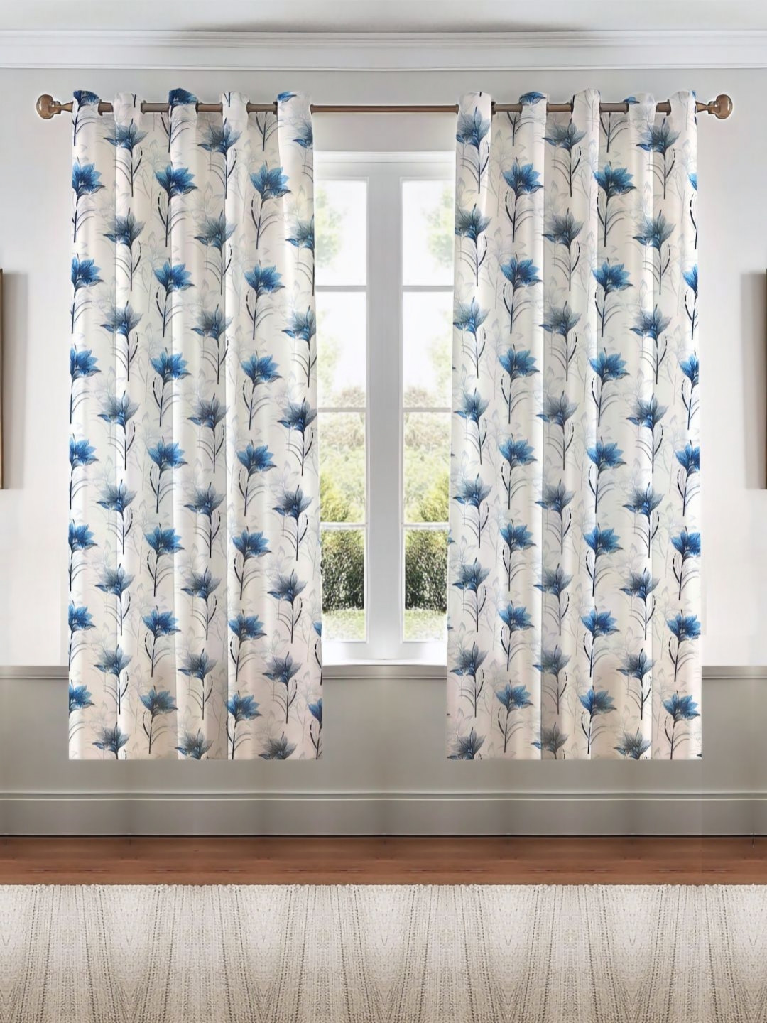 

Kanodia Poly Fab Blue & White Set of 2 Floral Window Curtain