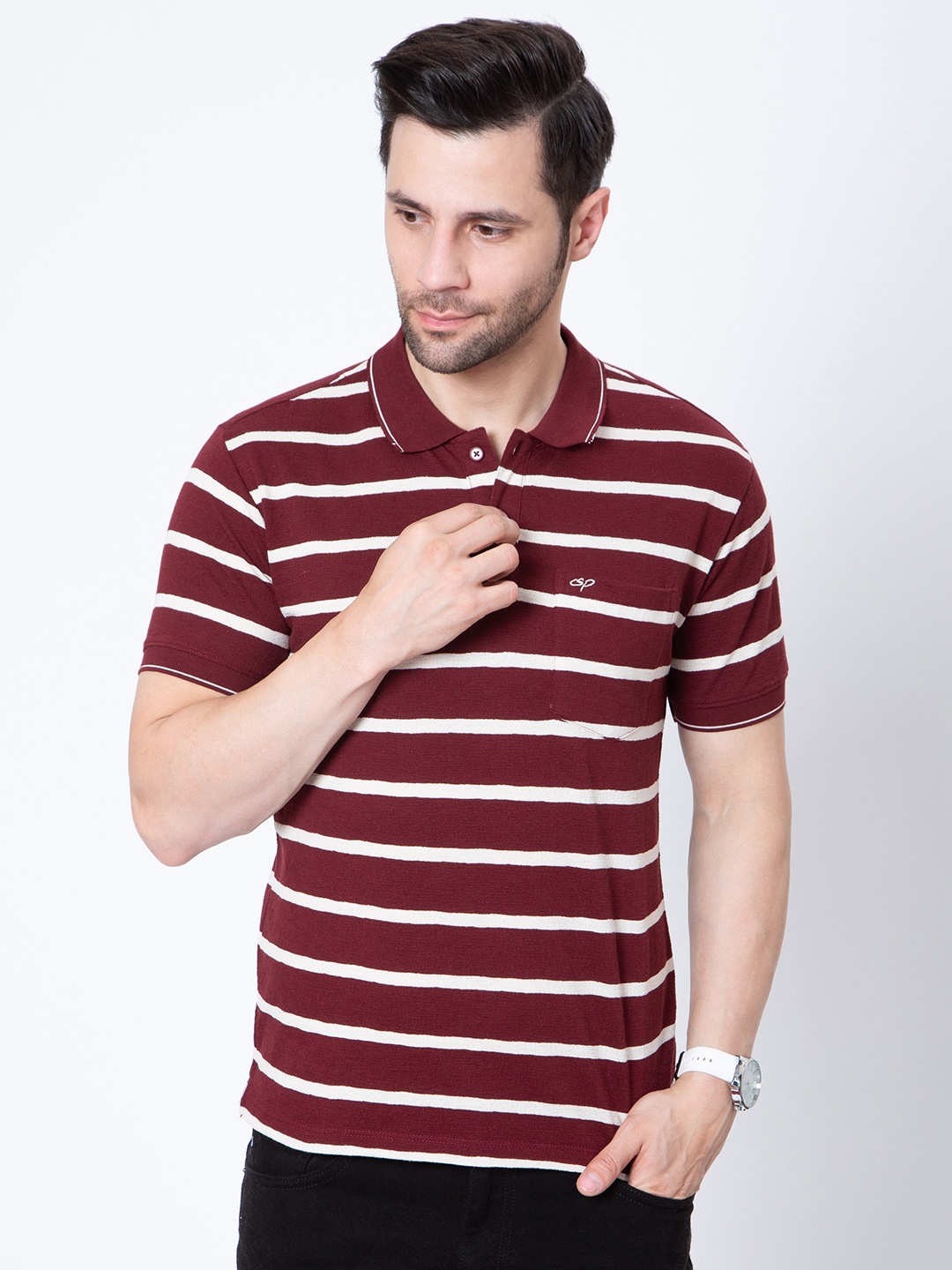 

Sparky Men Striped Polo Collar Pockets Slim Fit T-shirt, Maroon