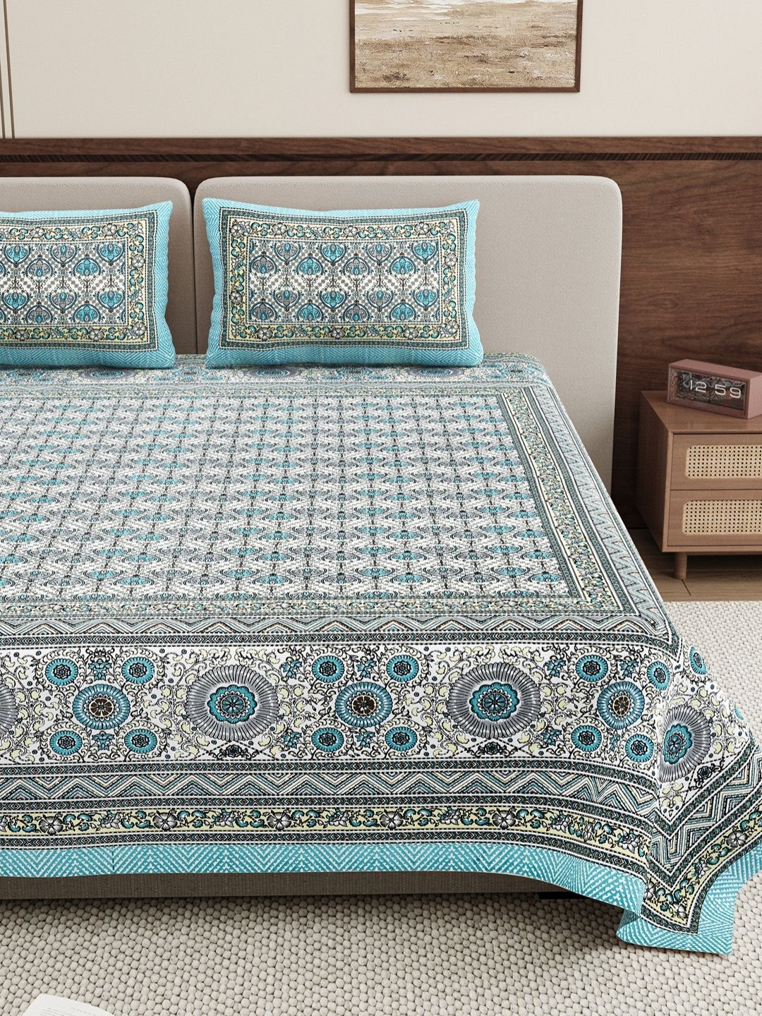 

BELLA CASA Blue & White Ethnic Motifs 250 TC King Bedsheet with 2 Pillow Covers